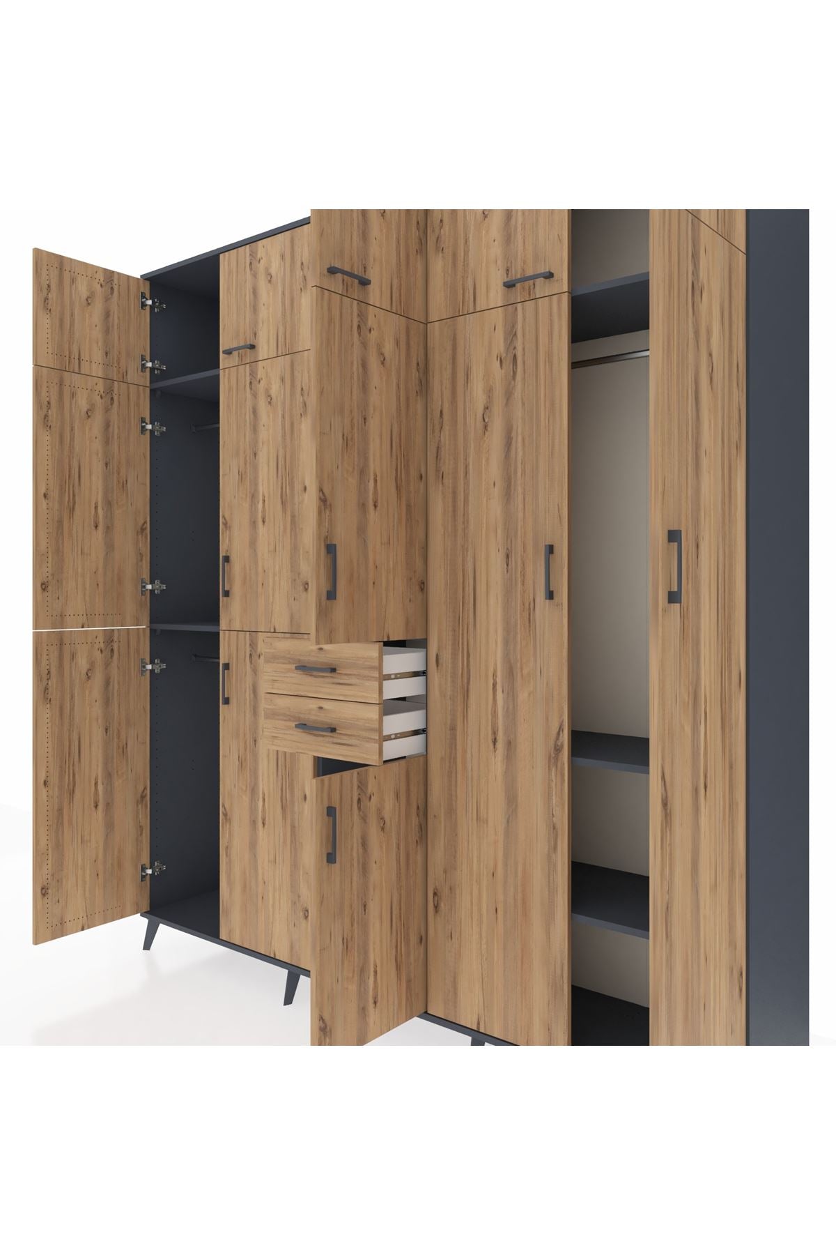 Hyperion Dolap 10 Raflı 2 Çekmeceli 3 Askılı 220x44x243 Antrasit-Çam/Çam