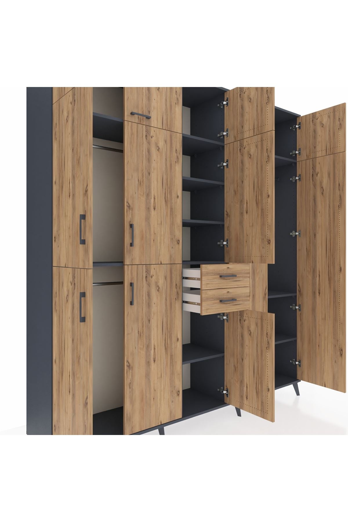 Hyperion Dolap 10 Raflı 2 Çekmeceli 3 Askılı 220x44x243 Antrasit-Çam/Çam