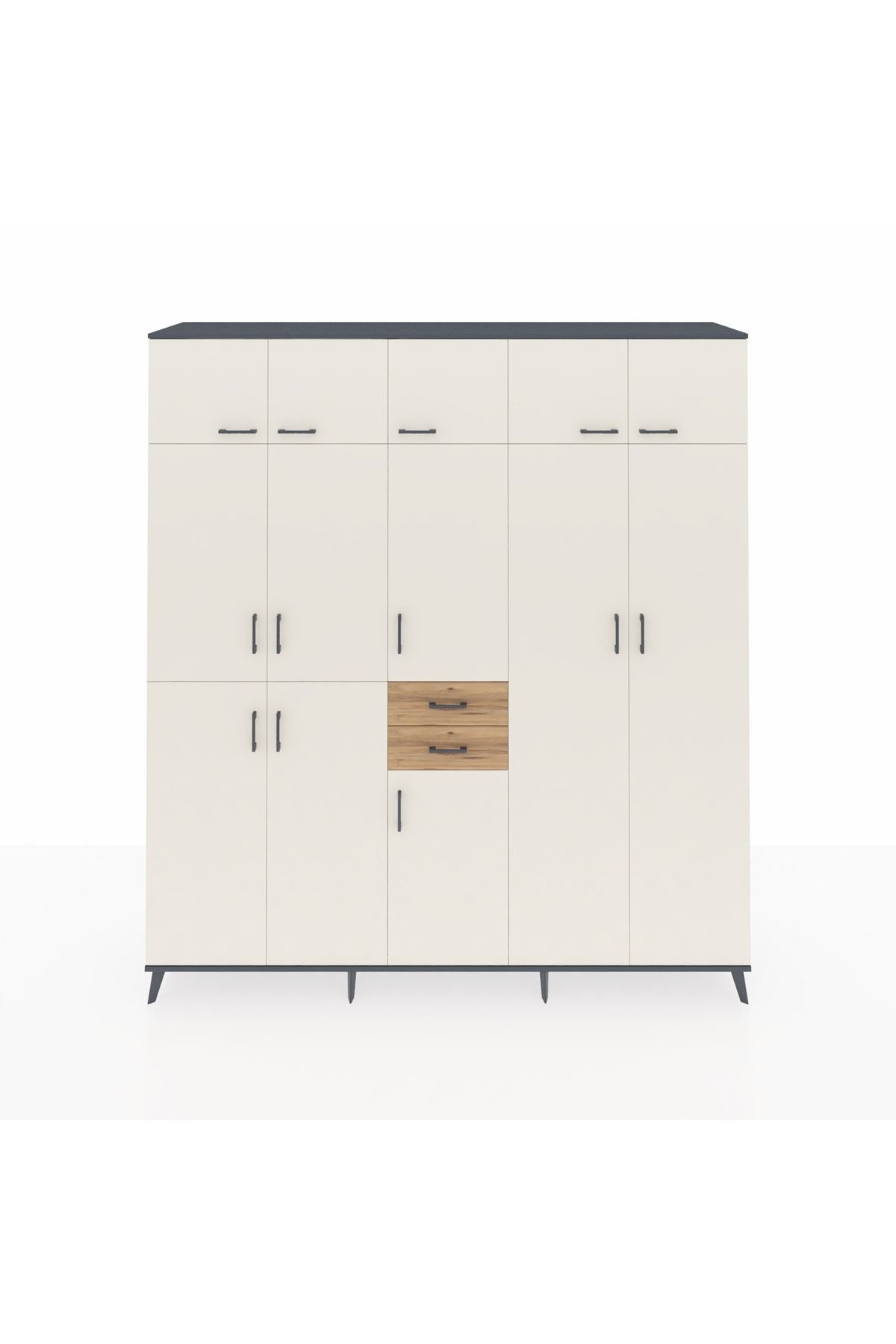 Hyperion Dolap 10 Raflı 2 Çekmeceli 3 Askılı 220x44x243 Antrasit-Aytaşı/Çam