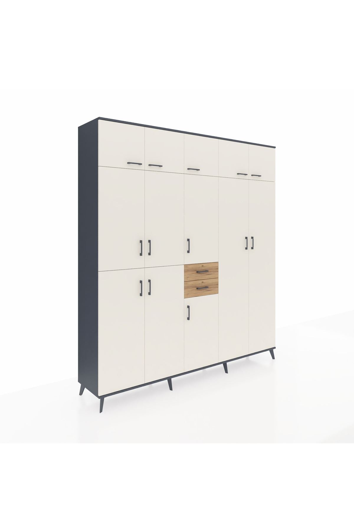 Hyperion Dolap 10 Raflı 2 Çekmeceli 3 Askılı 220x44x243 Antrasit-Aytaşı/Çam