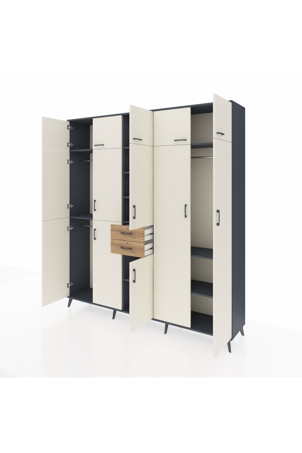 Hyperion Dolap 10 Raflı 2 Çekmeceli 3 Askılı 220x44x243 Antrasit-Aytaşı/Çam