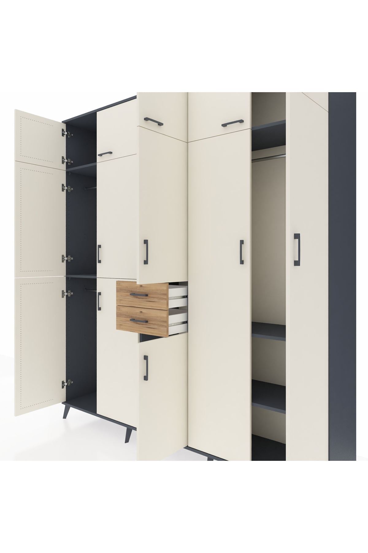 Hyperion Dolap 10 Raflı 2 Çekmeceli 3 Askılı 220x44x243 Antrasit-Aytaşı/Çam