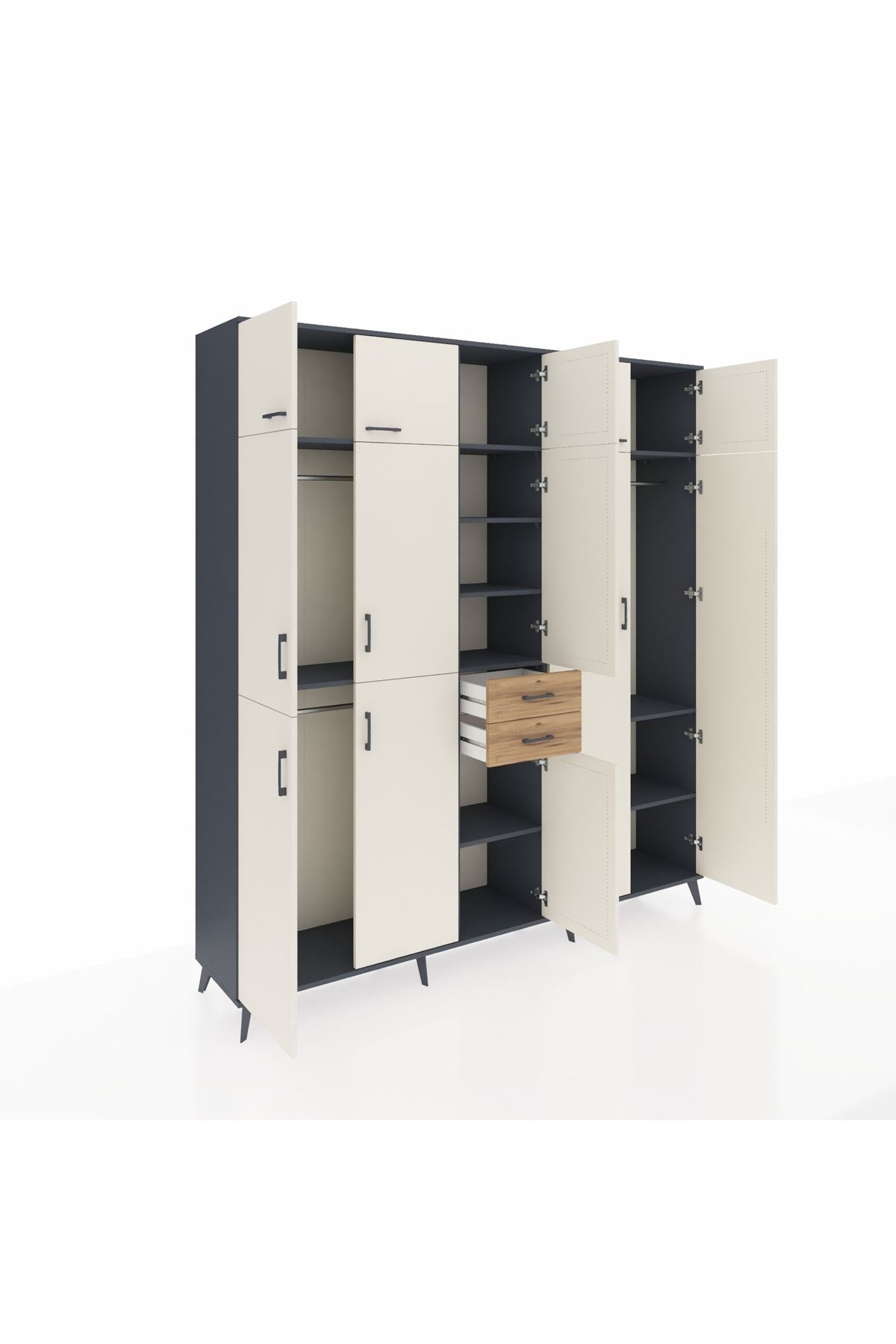 Hyperion Dolap 10 Raflı 2 Çekmeceli 3 Askılı 220x44x243 Antrasit-Aytaşı/Çam