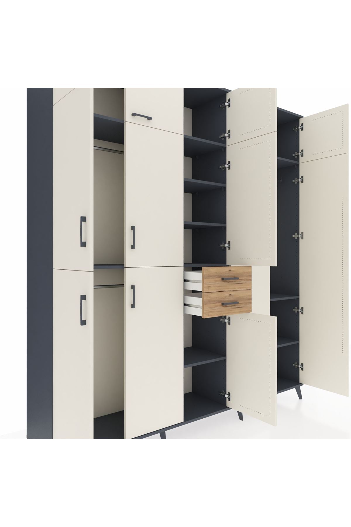 Hyperion Dolap 10 Raflı 2 Çekmeceli 3 Askılı 220x44x243 Antrasit-Aytaşı/Çam