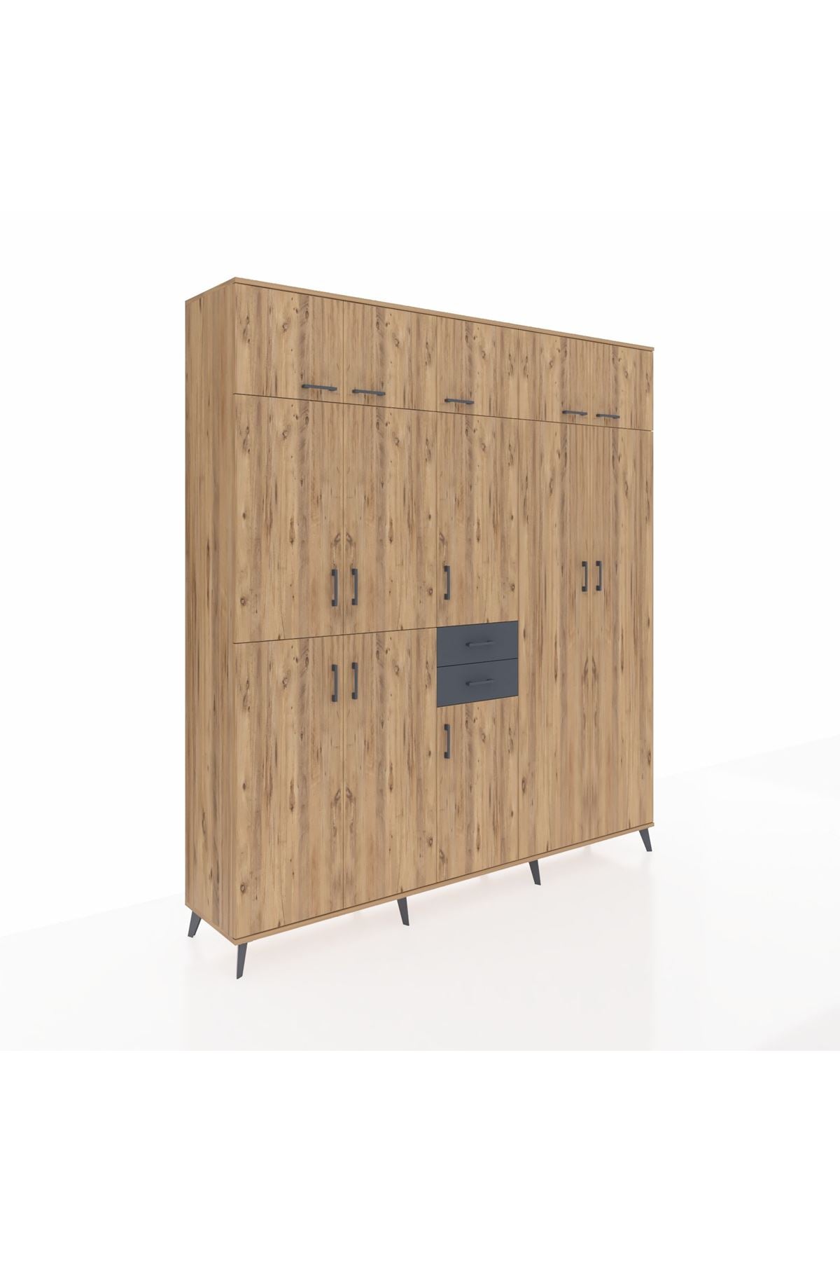 Hyperion Dolap 10 Raflı 2 Çekmeceli 3 Askılı 220x44x243 Çam-Çam/Antrasit