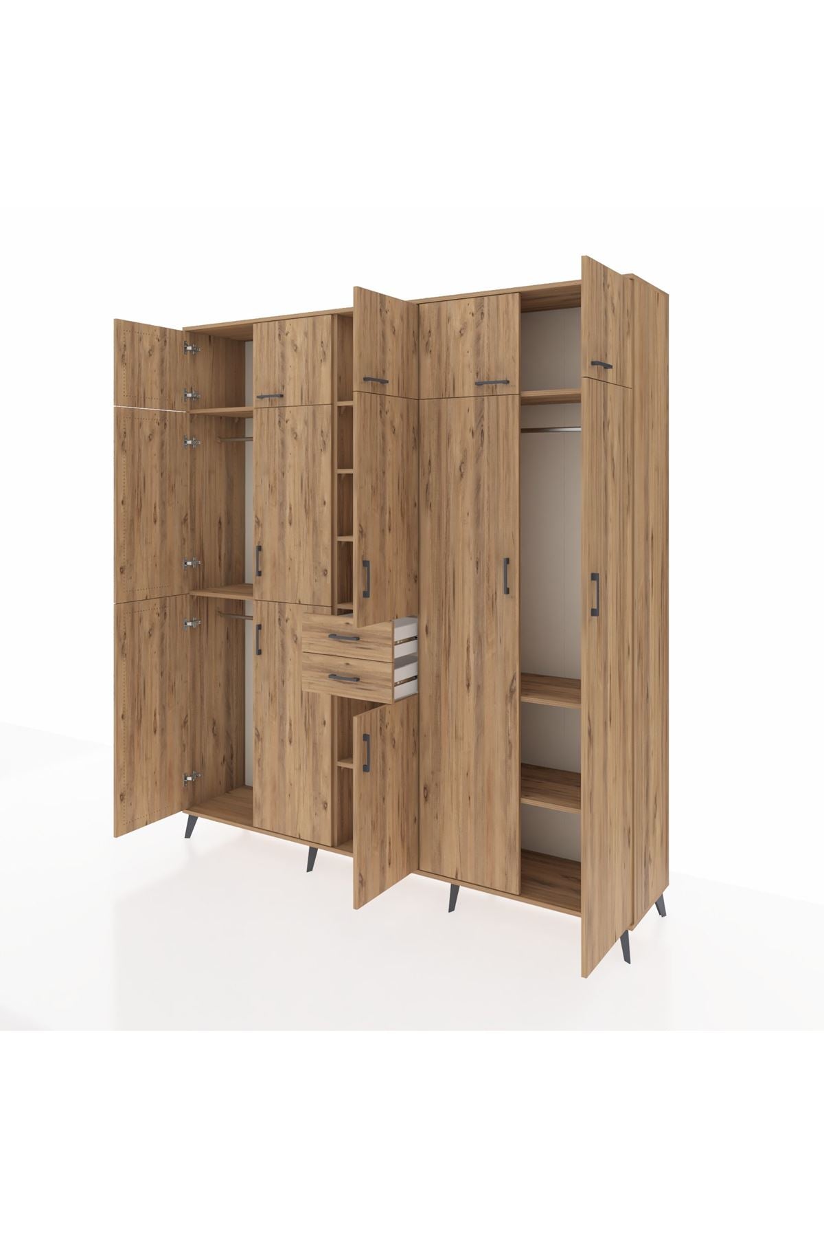 Hyperion Dolap 10 Raflı 2 Çekmeceli 3 Askılı 220x44x243 Çam-Çam/Çam