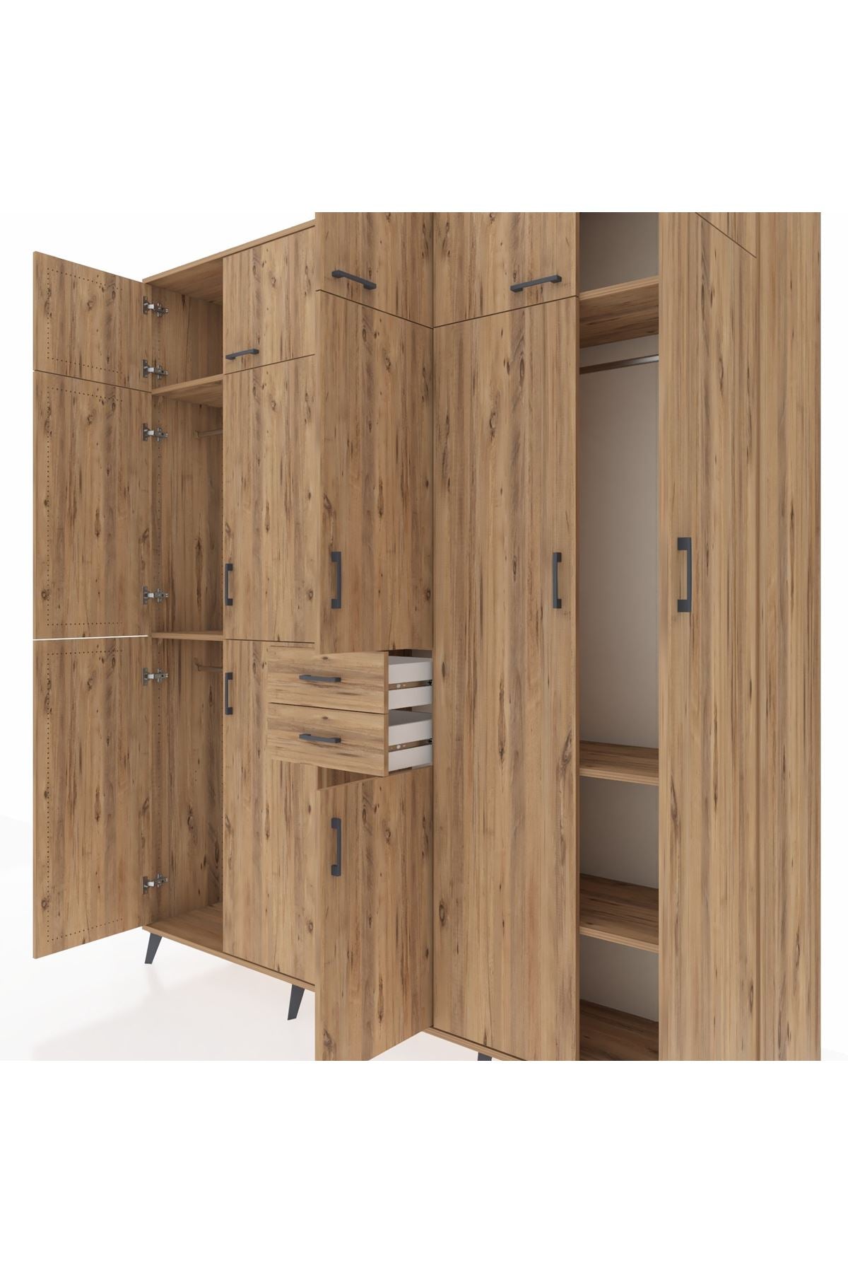 Hyperion Dolap 10 Raflı 2 Çekmeceli 3 Askılı 220x44x243 Çam-Çam/Çam