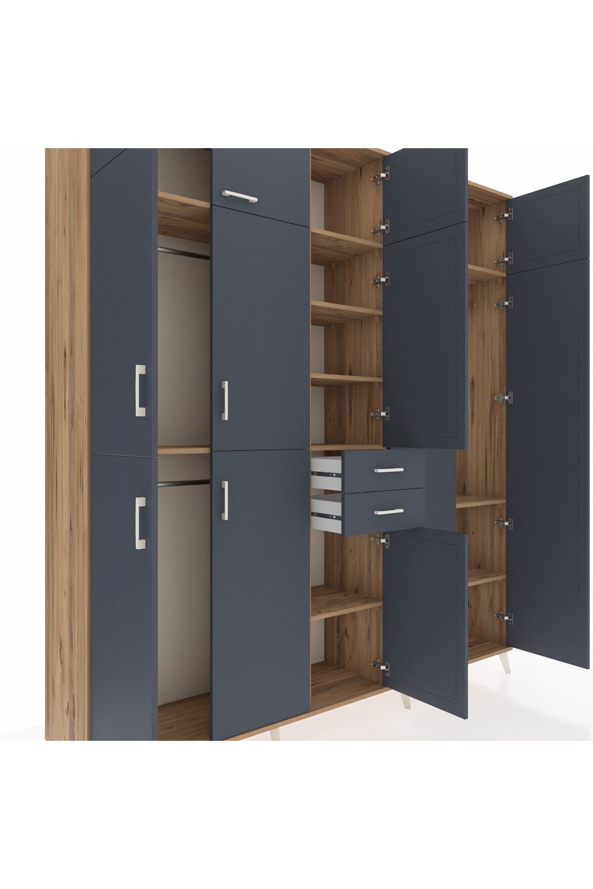 Hyperion Dolap 10 Raflı 2 Çekmeceli 3 Askılı 220x44x243 Çam-Antrasit/Antrasit