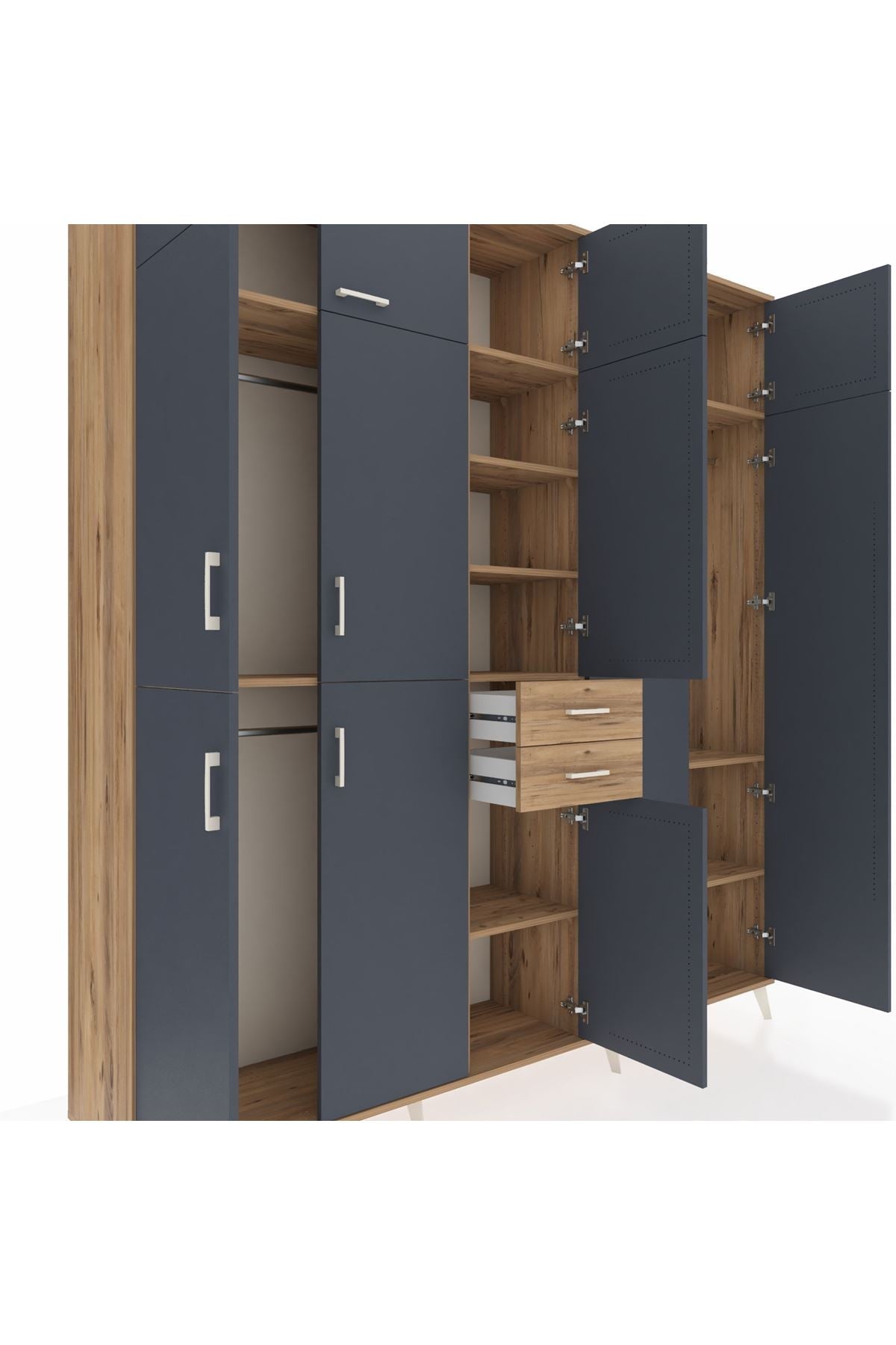 Hyperion Dolap 10 Raflı 2 Çekmeceli 3 Askılı 220x44x243 Çam-Antrasit/Çam