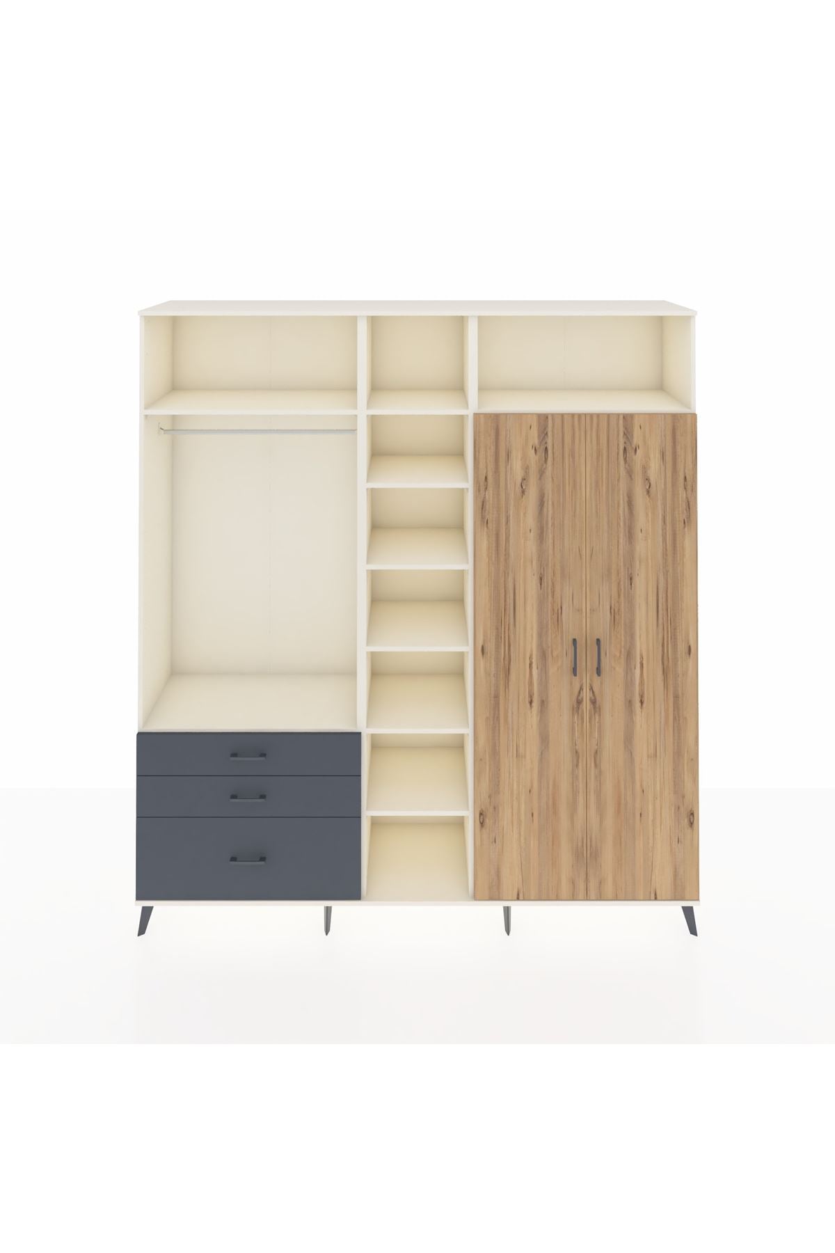 Hyperion Dolap 10 Raflı 3 Çekmeceli 2 Askılı 220x44x243 Aytaşı-Çam/Antrasit