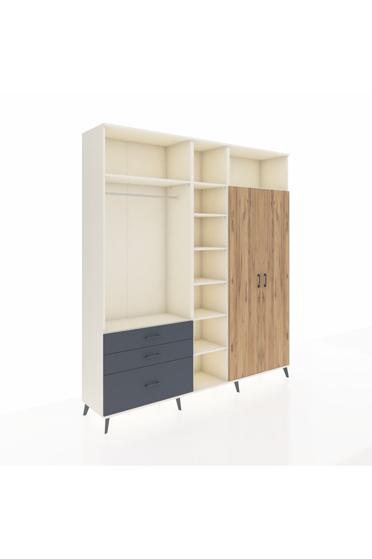 Hyperion Dolap 10 Raflı 3 Çekmeceli 2 Askılı 220x44x243 Aytaşı-Çam/Antrasit