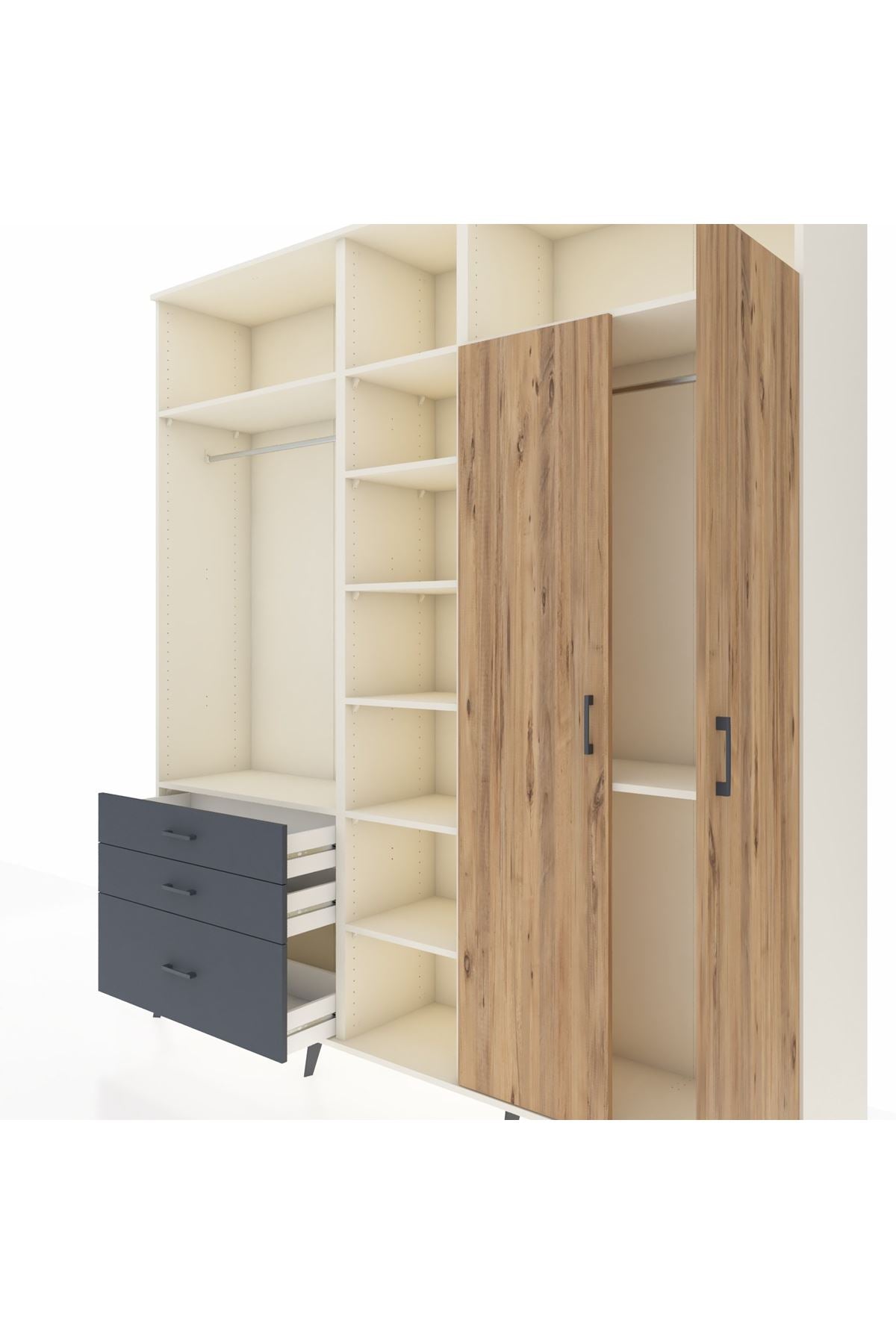 Hyperion Dolap 10 Raflı 3 Çekmeceli 2 Askılı 220x44x243 Aytaşı-Çam/Antrasit