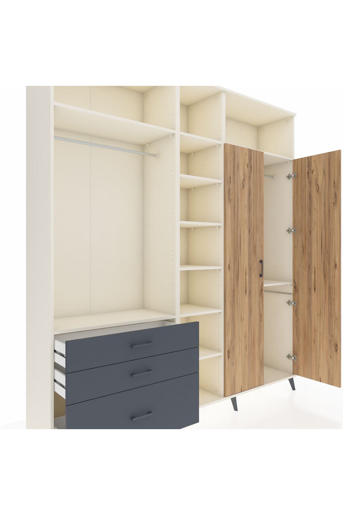 Hyperion Dolap 10 Raflı 3 Çekmeceli 2 Askılı 220x44x243 Aytaşı-Çam/Antrasit