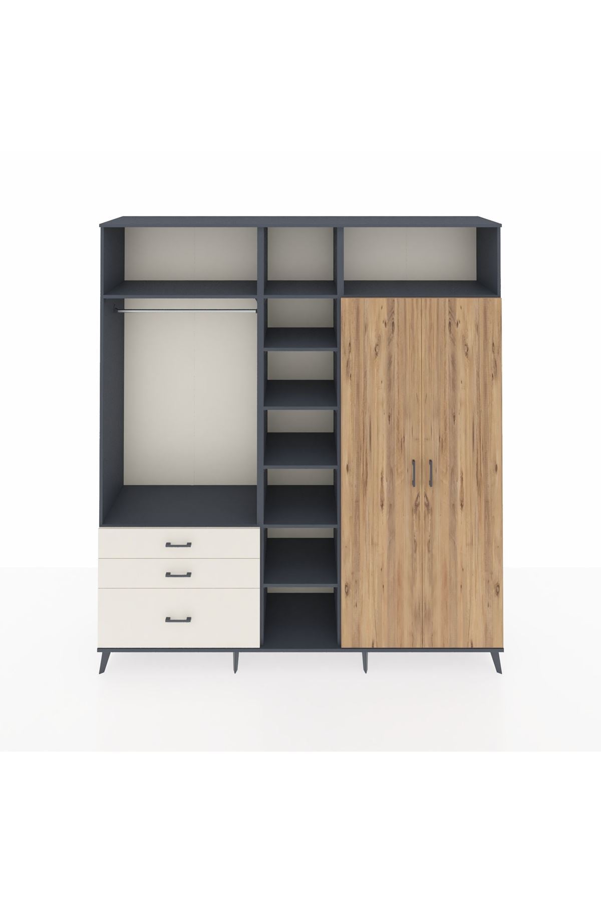 Hyperion Dolap 10 Raflı 3 Çekmeceli 2 Askılı 220x44x243 Antrasit-Çam/Aytaşı