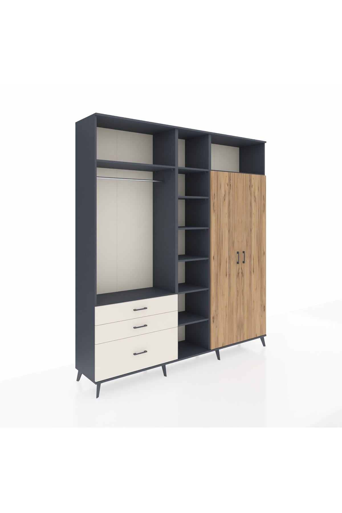 Hyperion Dolap 10 Raflı 3 Çekmeceli 2 Askılı 220x44x243 Antrasit-Çam/Aytaşı