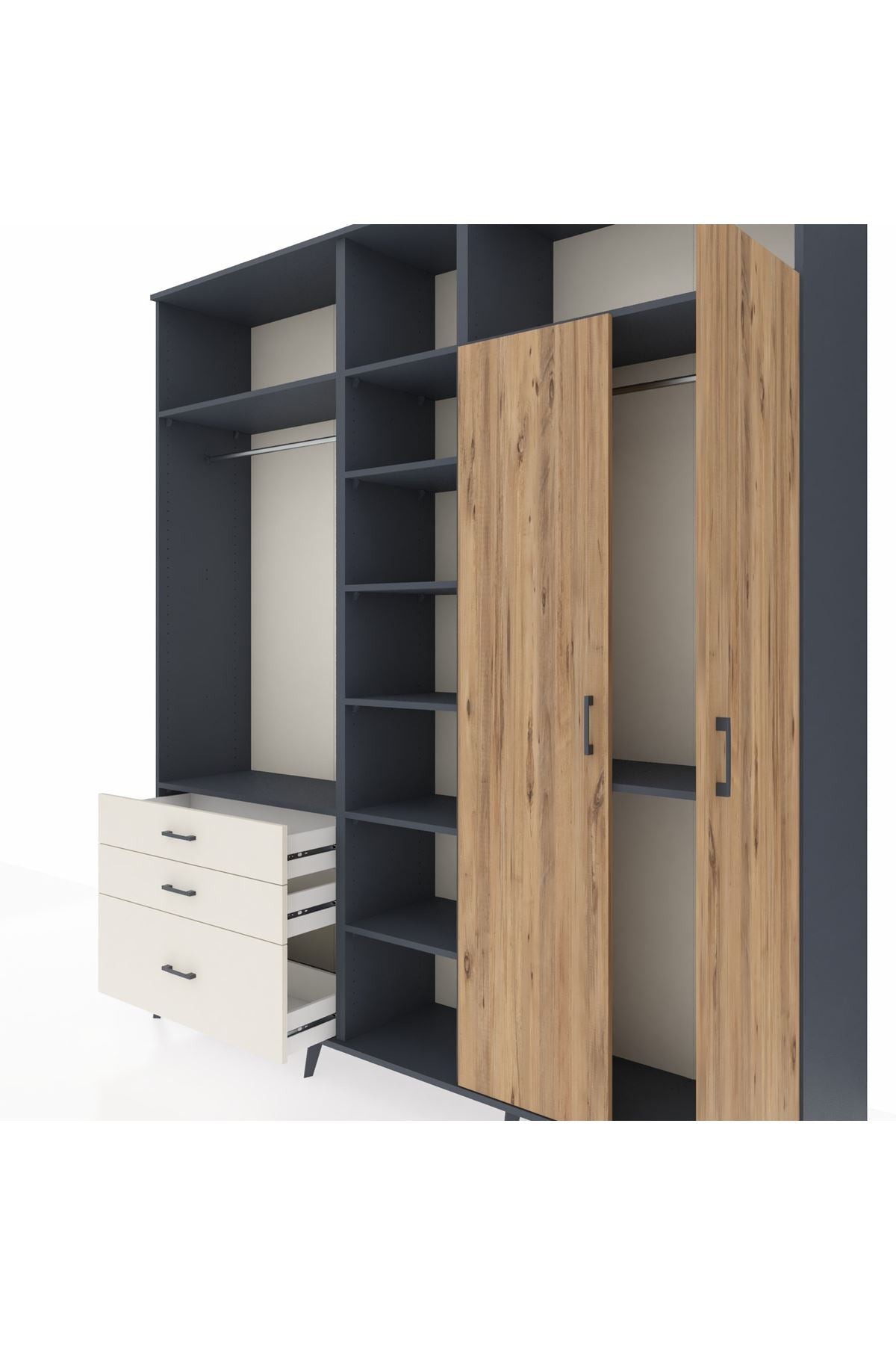 Hyperion Dolap 10 Raflı 3 Çekmeceli 2 Askılı 220x44x243 Antrasit-Çam/Aytaşı