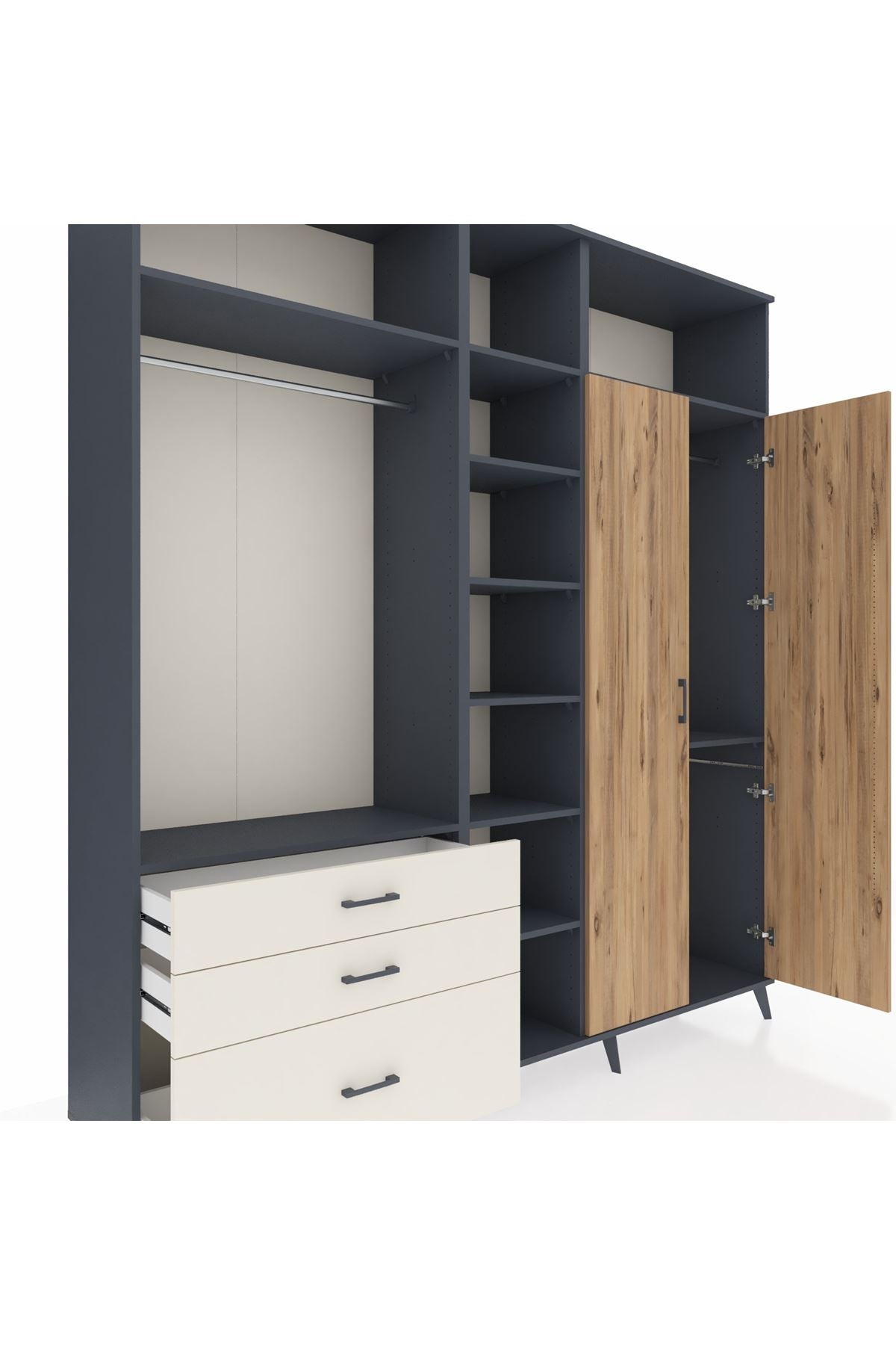 Hyperion Dolap 10 Raflı 3 Çekmeceli 2 Askılı 220x44x243 Antrasit-Çam/Aytaşı