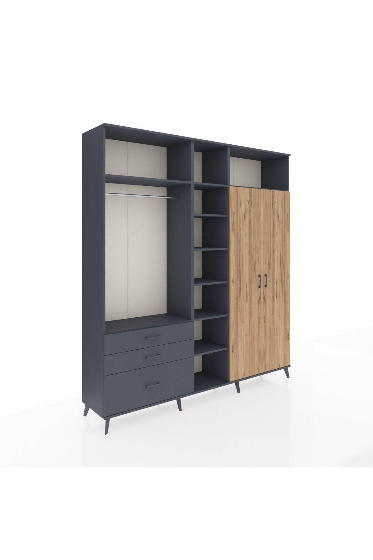 Hyperion Dolap 10 Raflı 3 Çekmeceli 2 Askılı 220x44x243 Antrasit-Çam/Antrasit