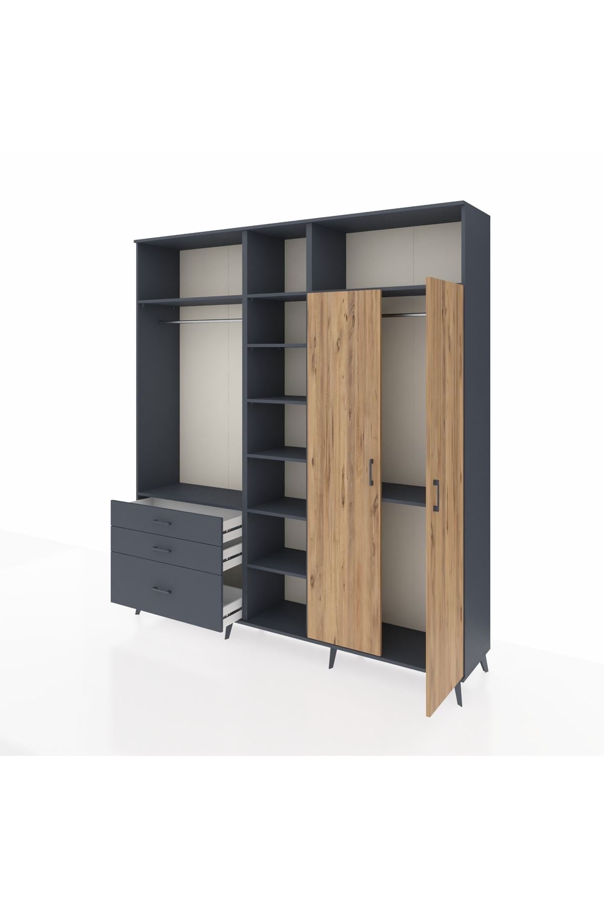 Hyperion Dolap 10 Raflı 3 Çekmeceli 2 Askılı 220x44x243 Antrasit-Çam/Antrasit