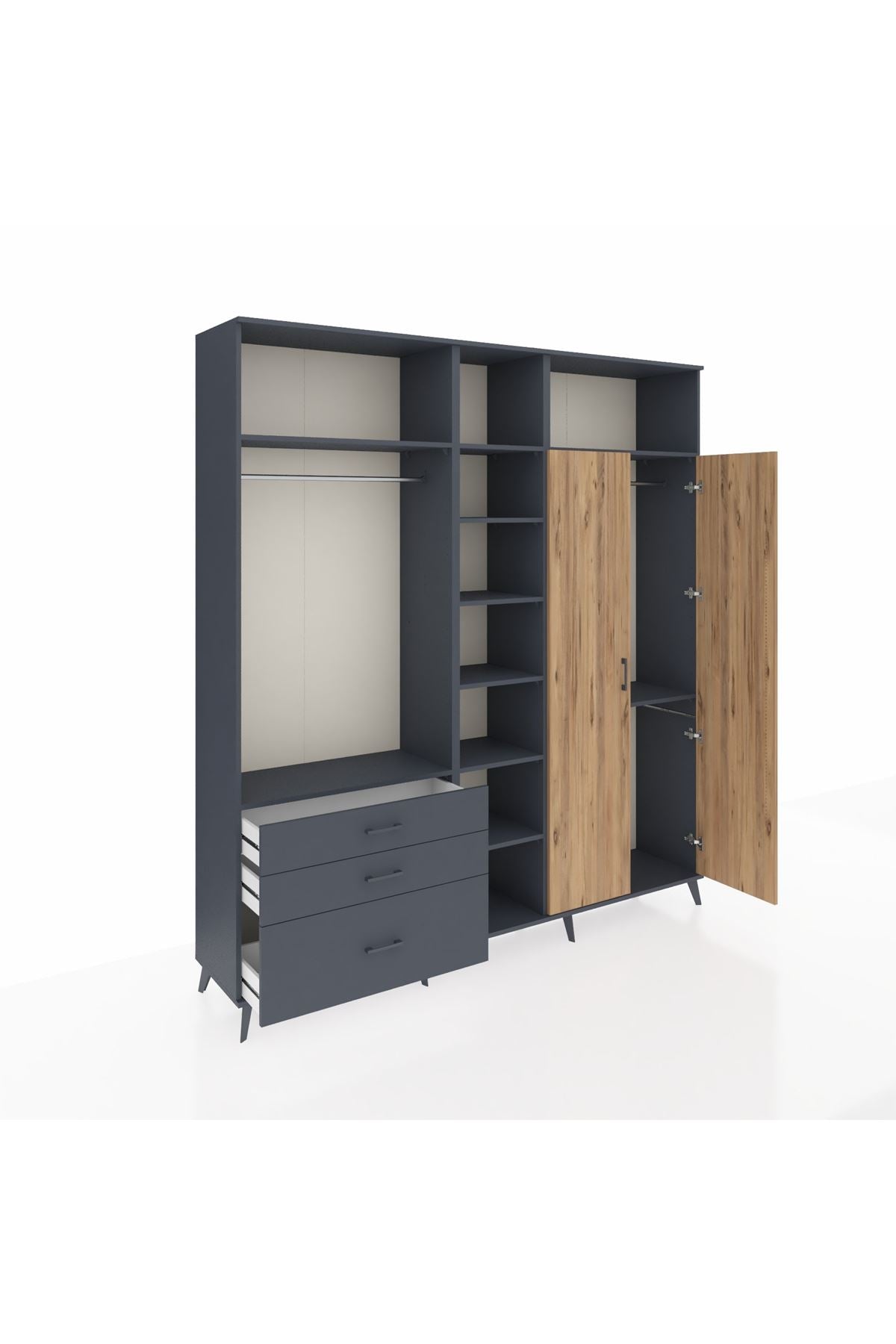 Hyperion Dolap 10 Raflı 3 Çekmeceli 2 Askılı 220x44x243 Antrasit-Çam/Antrasit