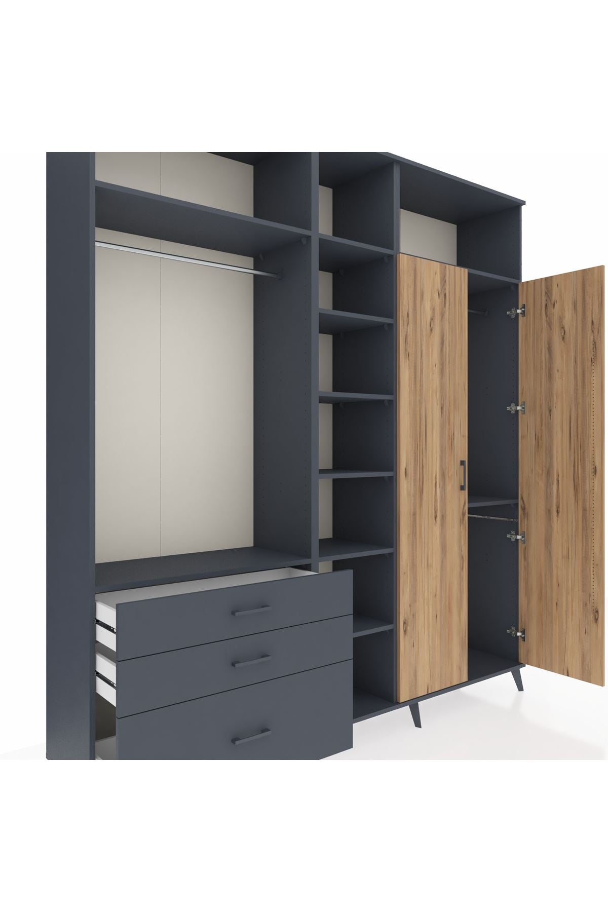 Hyperion Dolap 10 Raflı 3 Çekmeceli 2 Askılı 220x44x243 Antrasit-Çam/Antrasit