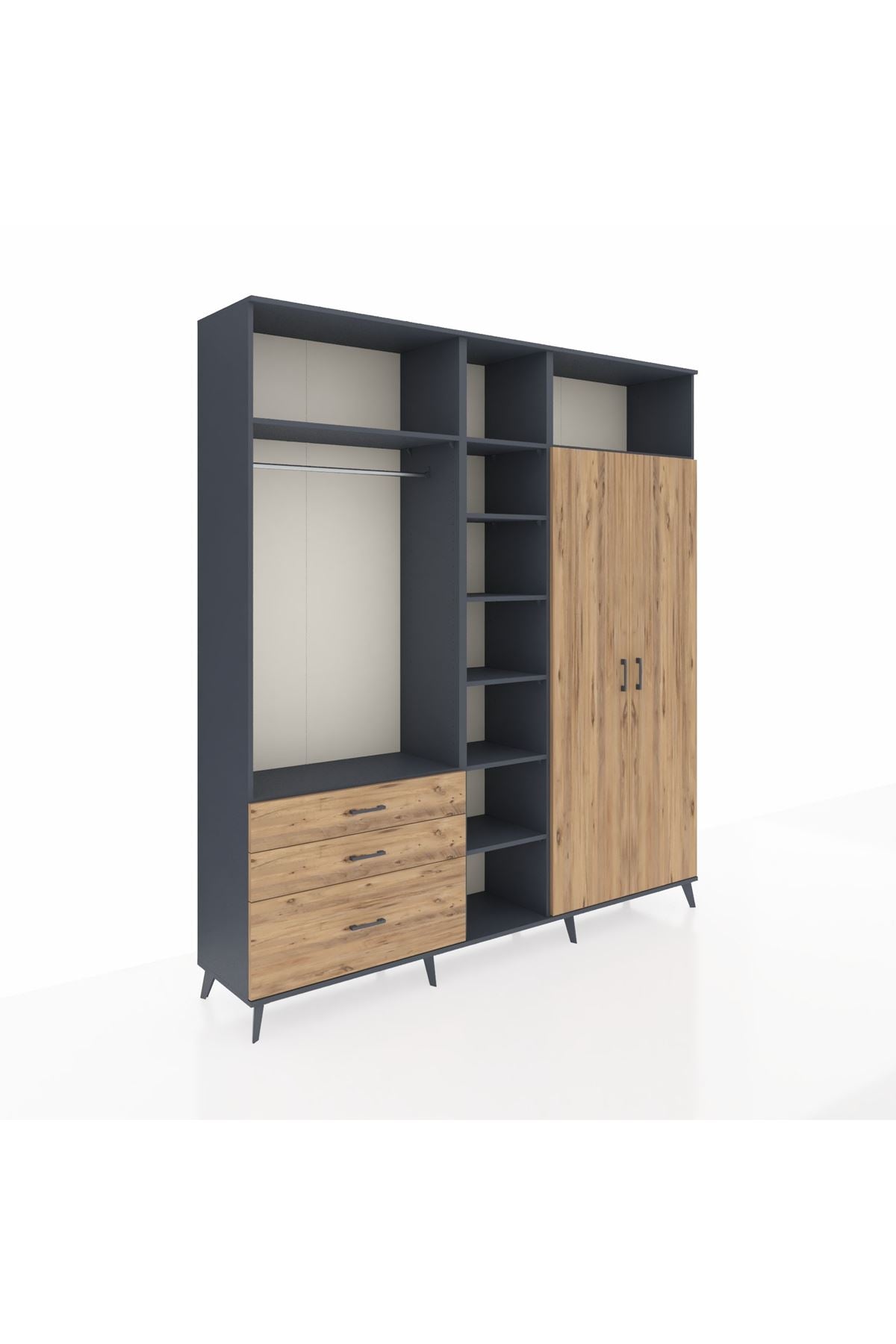 Hyperion Dolap 10 Raflı 3 Çekmeceli 2 Askılı 220x44x243 Antrasit-Çam/Çam