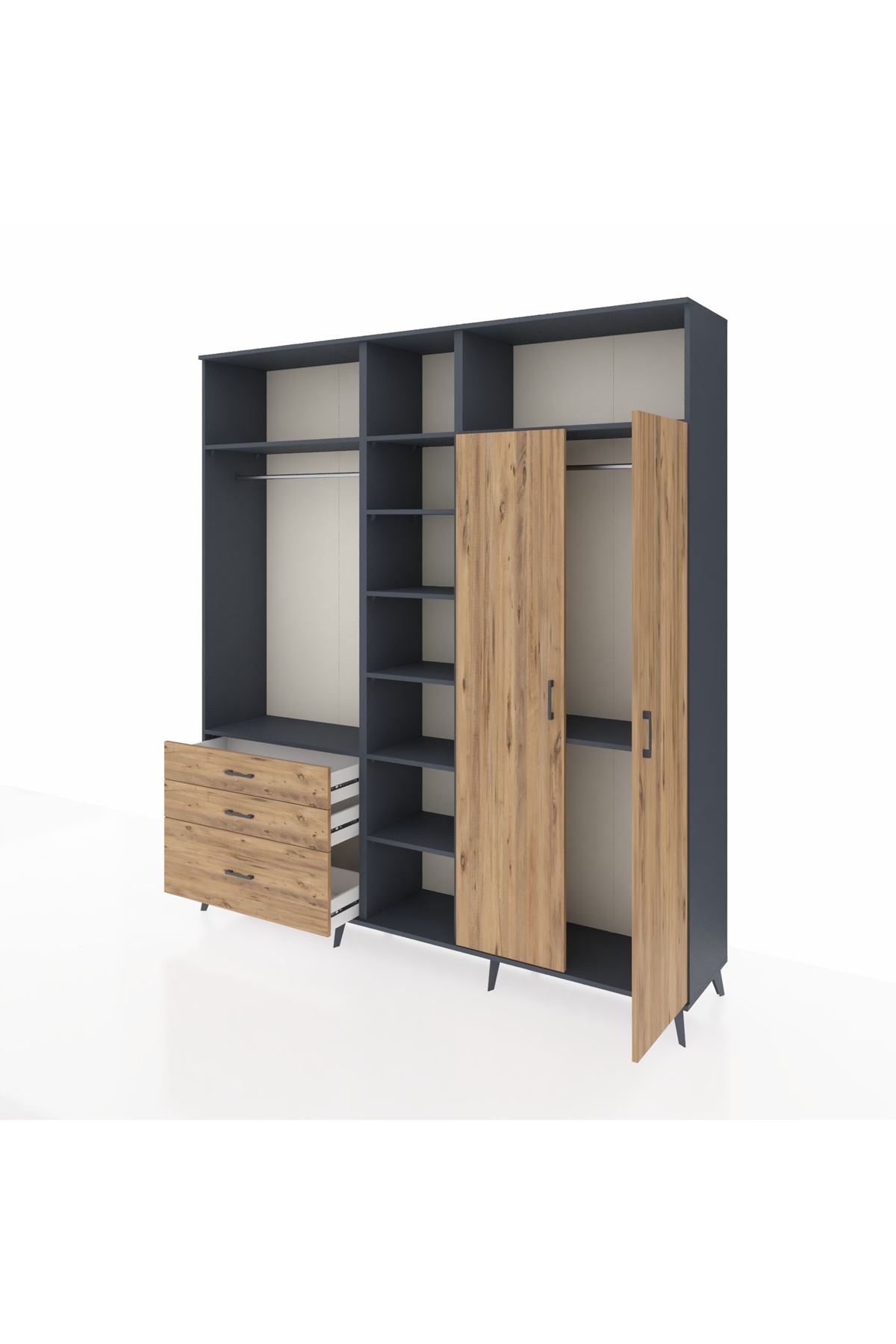 Hyperion Dolap 10 Raflı 3 Çekmeceli 2 Askılı 220x44x243 Antrasit-Çam/Çam