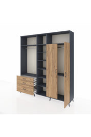 Hyperion Dolap 10 Raflı 3 Çekmeceli 2 Askılı 220x44x243 Antrasit-Çam/Çam