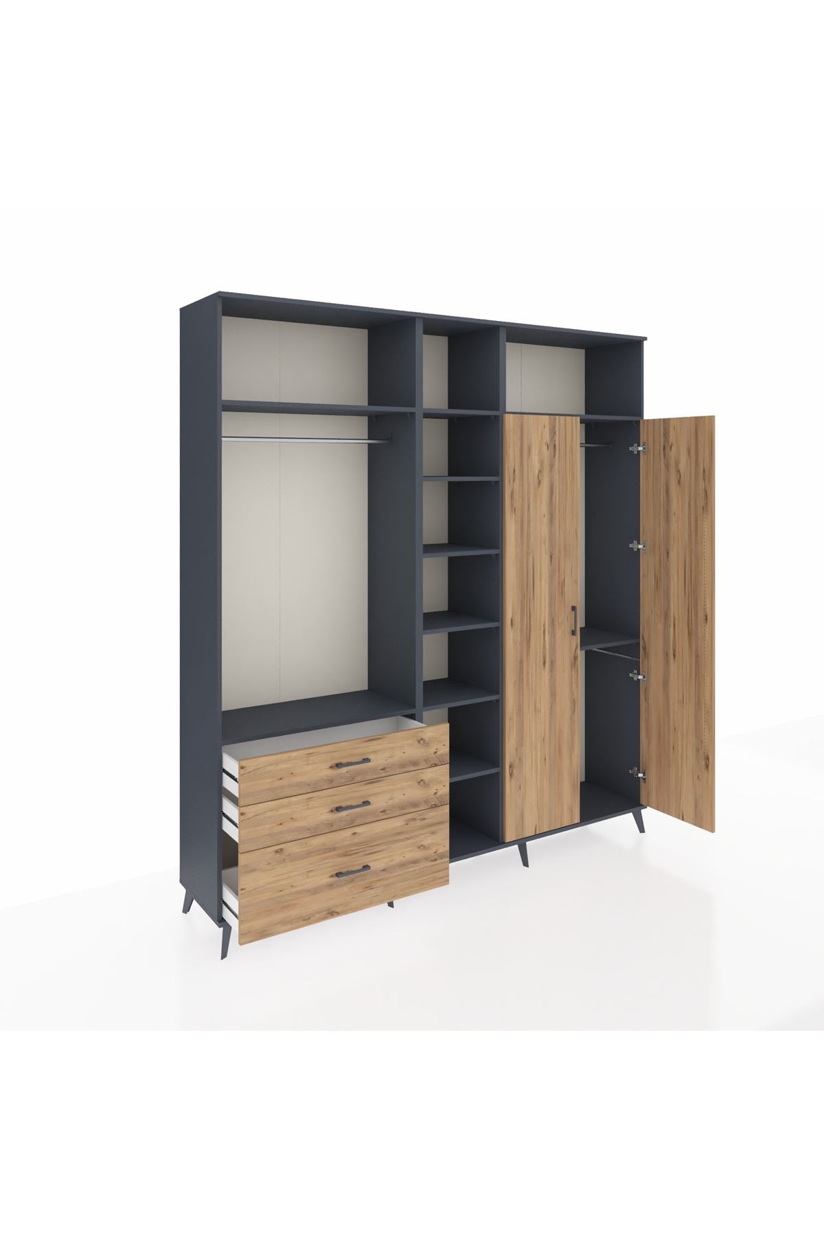 Hyperion Dolap 10 Raflı 3 Çekmeceli 2 Askılı 220x44x243 Antrasit-Çam/Çam