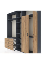 Hyperion Dolap 10 Raflı 3 Çekmeceli 2 Askılı 220x44x243 Antrasit-Çam/Çam