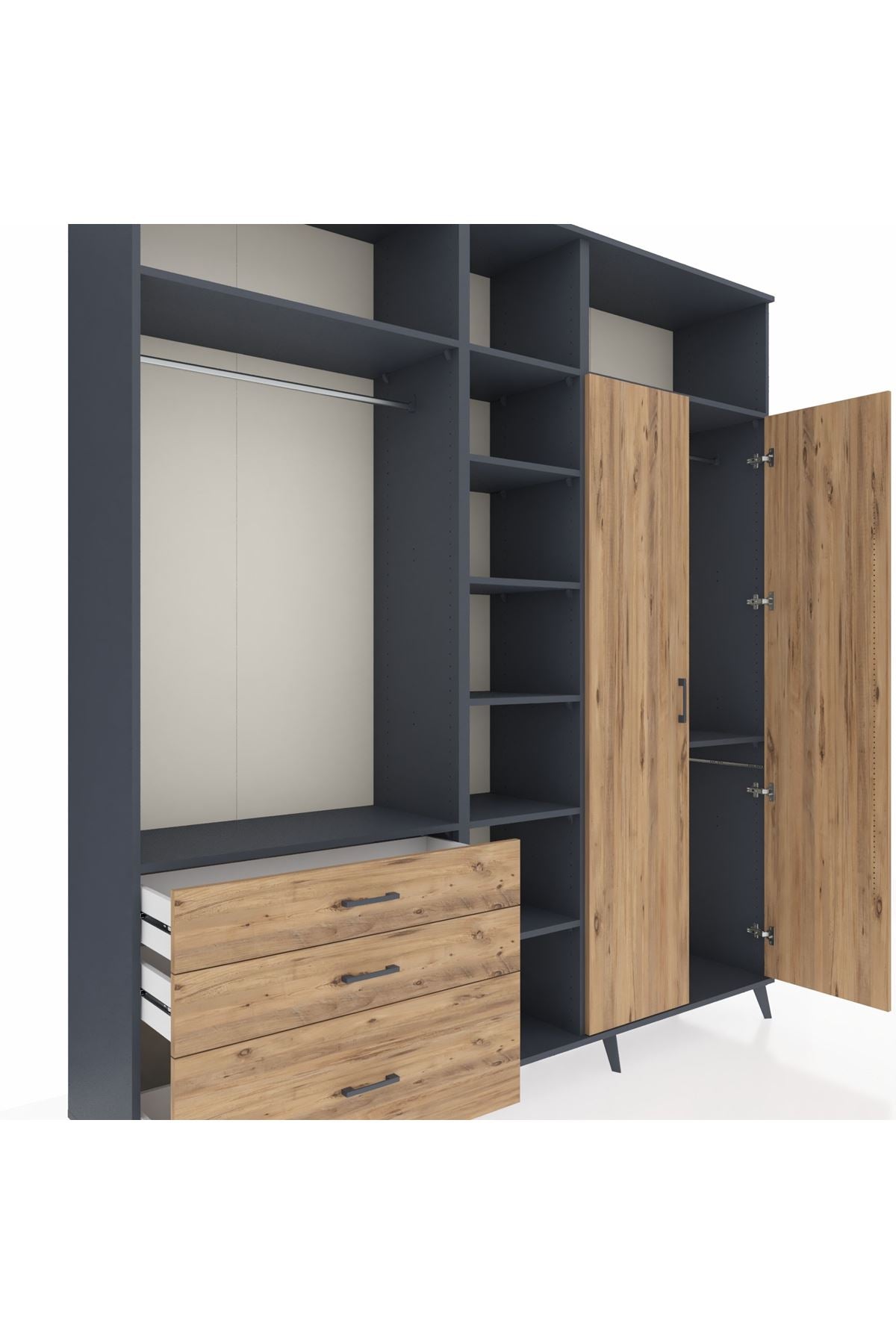 Hyperion Dolap 10 Raflı 3 Çekmeceli 2 Askılı 220x44x243 Antrasit-Çam/Çam