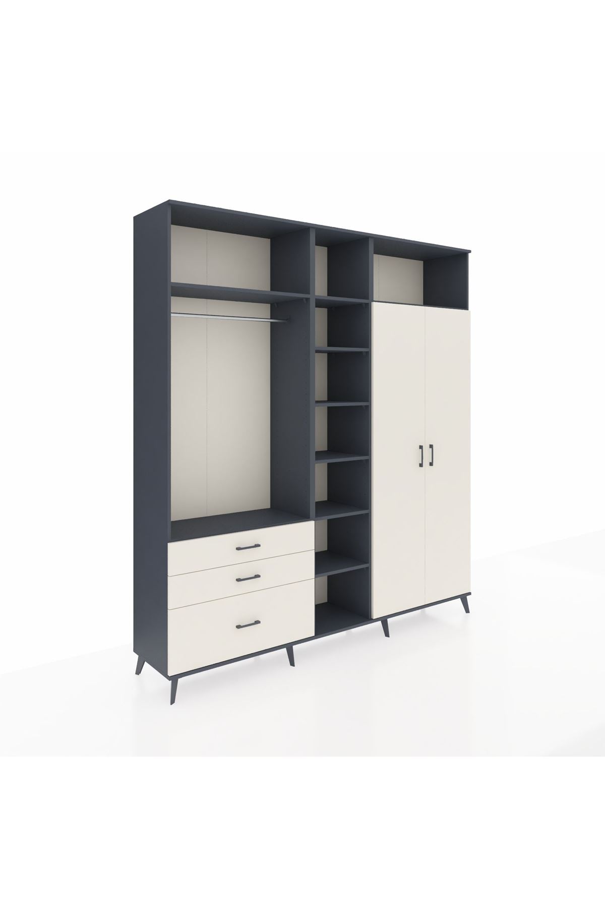 Hyperion Dolap 10 Raflı 3 Çekmeceli 2 Askılı 220x44x243 Antrasit-Aytaşı/Aytaşı