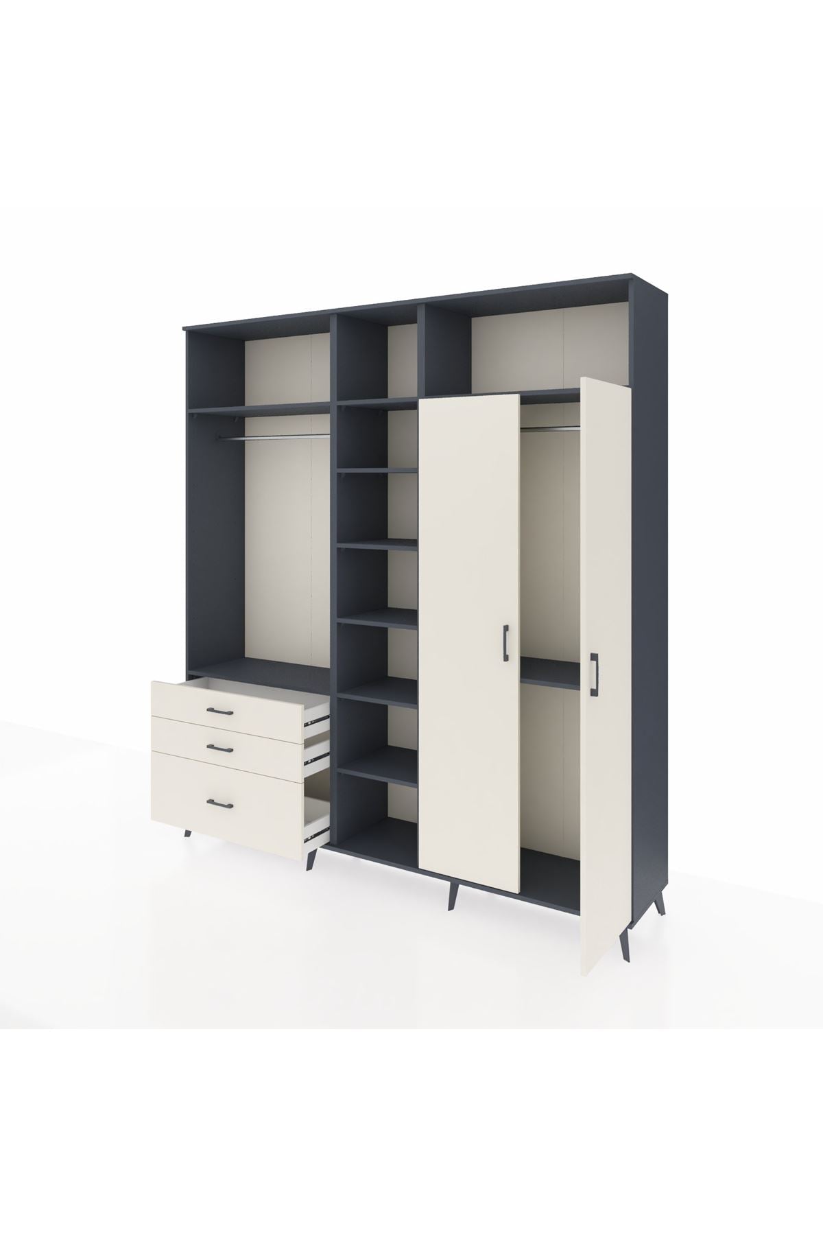 Hyperion Dolap 10 Raflı 3 Çekmeceli 2 Askılı 220x44x243 Antrasit-Aytaşı/Aytaşı