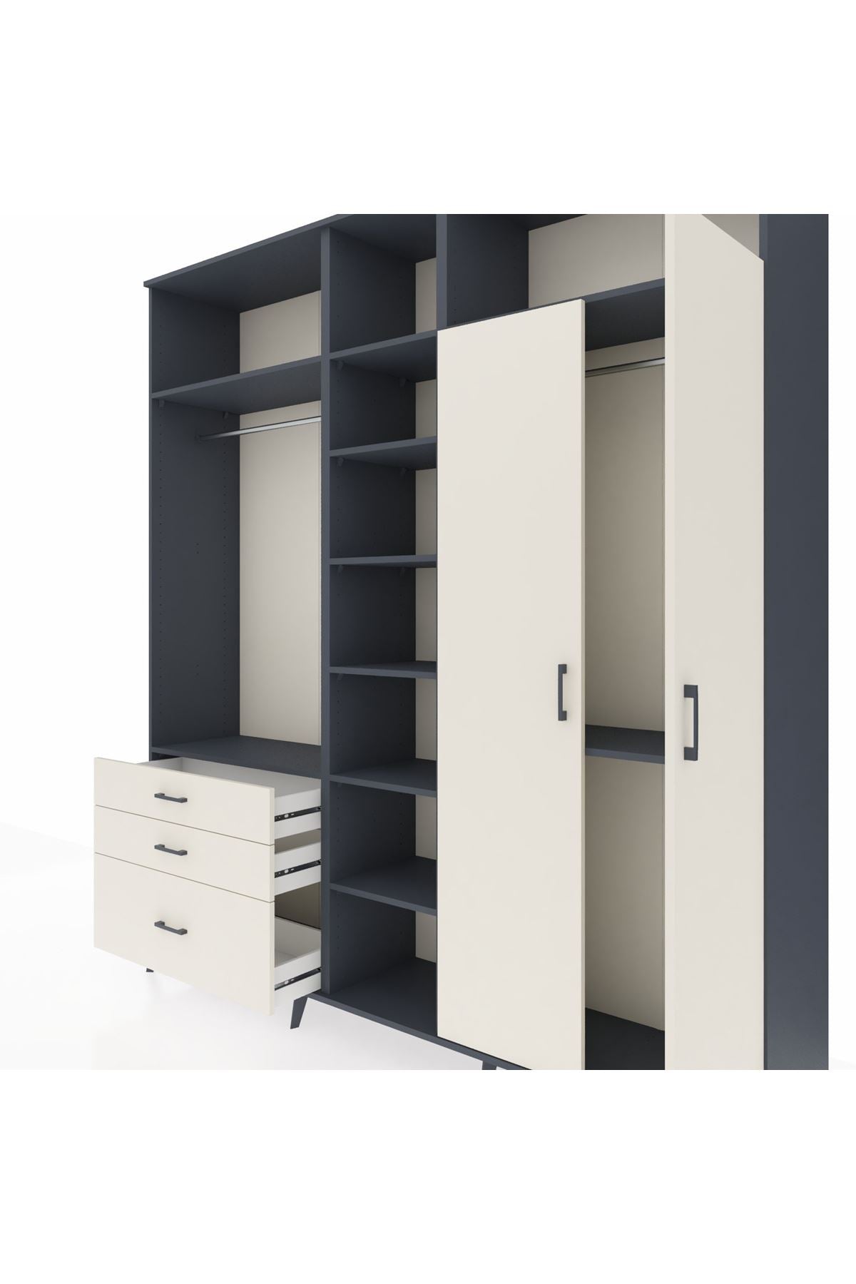 Hyperion Dolap 10 Raflı 3 Çekmeceli 2 Askılı 220x44x243 Antrasit-Aytaşı/Aytaşı