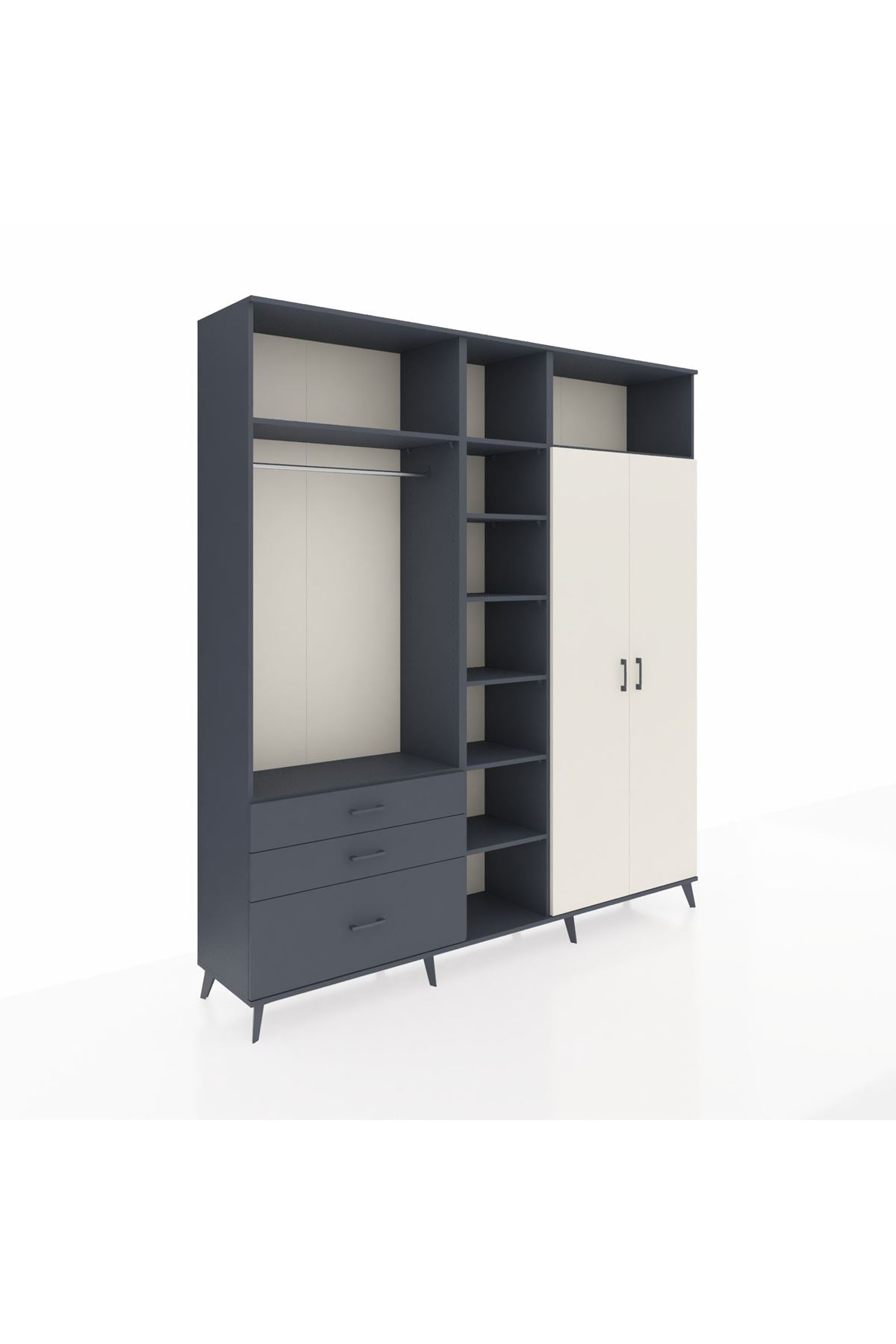 Hyperion Dolap 10 Raflı 3 Çekmeceli 2 Askılı 220x44x243 Antrasit-Aytaşı/Antrasit