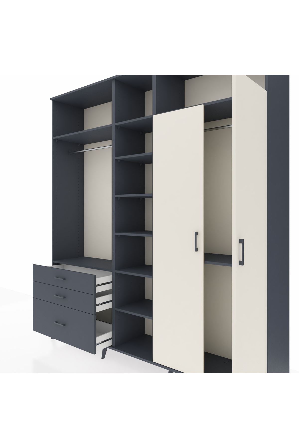 Hyperion Dolap 10 Raflı 3 Çekmeceli 2 Askılı 220x44x243 Antrasit-Aytaşı/Antrasit