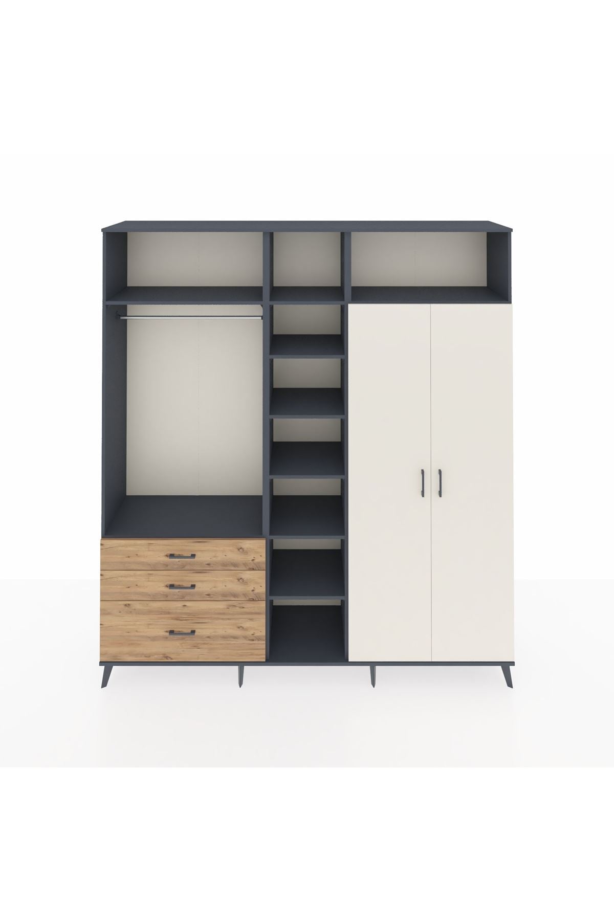 Hyperion Dolap 10 Raflı 3 Çekmeceli 2 Askılı 220x44x243 Antrasit-Aytaşı/Çam