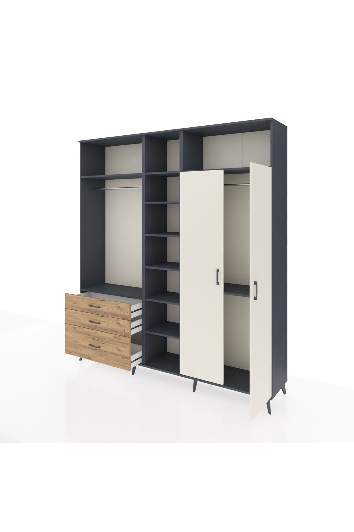 Hyperion Dolap 10 Raflı 3 Çekmeceli 2 Askılı 220x44x243 Antrasit-Aytaşı/Çam