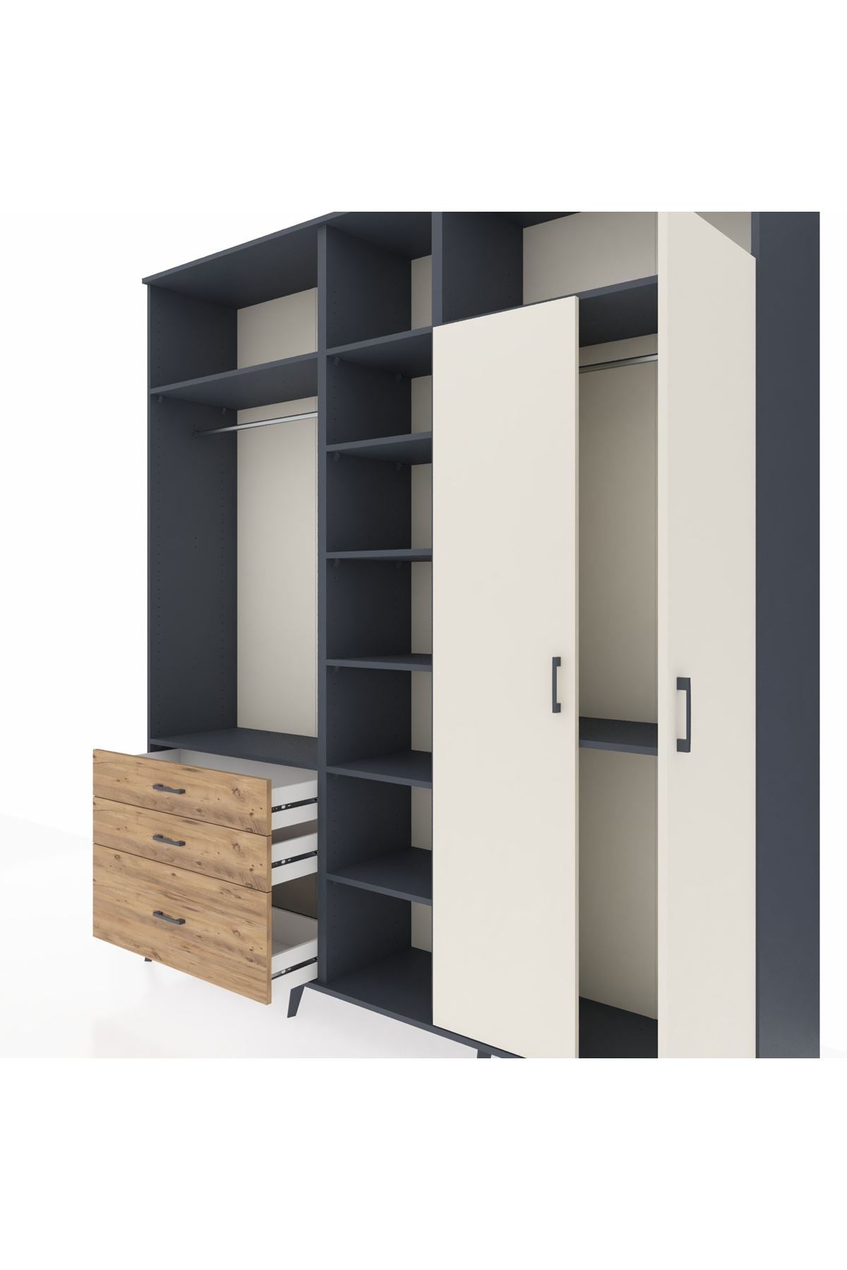 Hyperion Dolap 10 Raflı 3 Çekmeceli 2 Askılı 220x44x243 Antrasit-Aytaşı/Çam