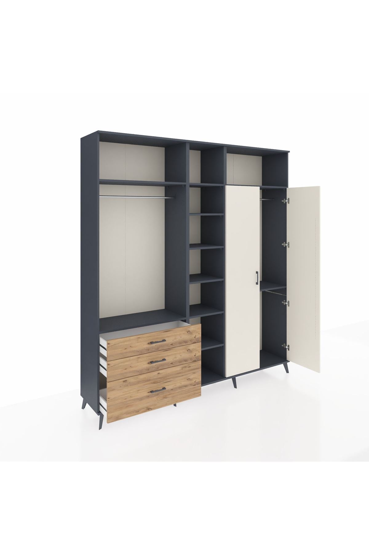 Hyperion Dolap 10 Raflı 3 Çekmeceli 2 Askılı 220x44x243 Antrasit-Aytaşı/Çam