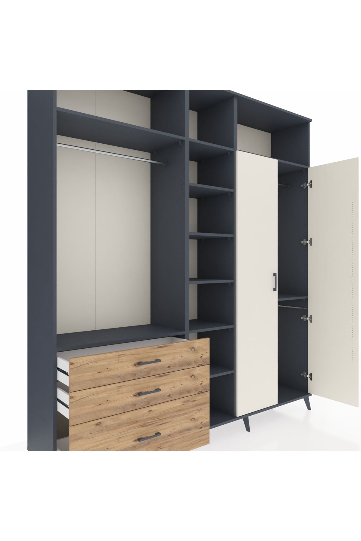 Hyperion Dolap 10 Raflı 3 Çekmeceli 2 Askılı 220x44x243 Antrasit-Aytaşı/Çam