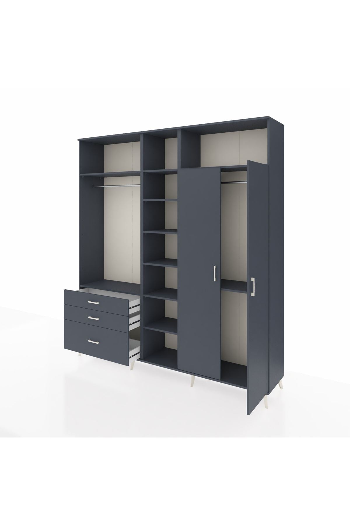 Hyperion Dolap 10 Raflı 3 Çekmeceli 2 Askılı 220x44x243 Antrasit-Antrasit/Antrasit