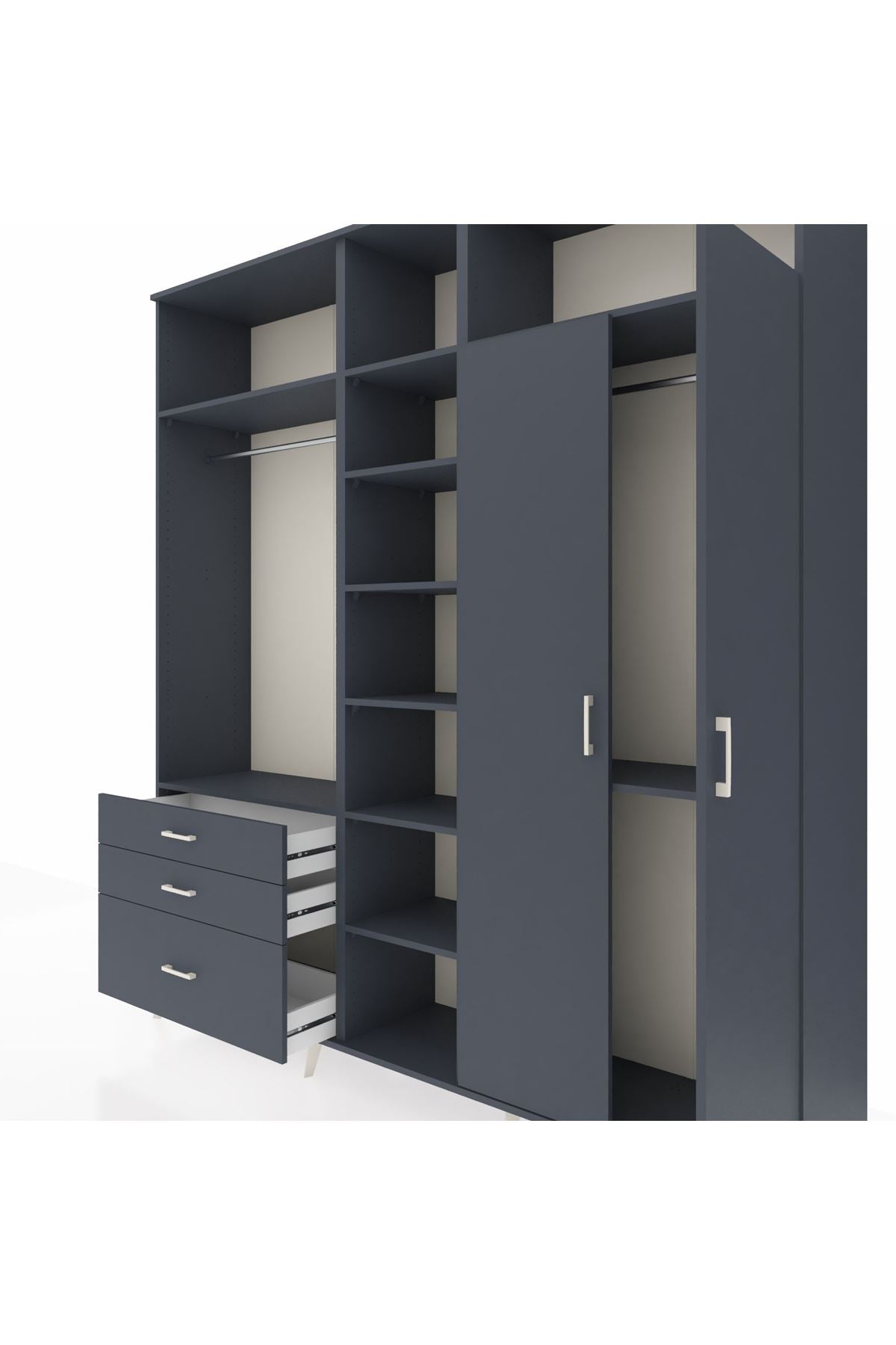 Hyperion Dolap 10 Raflı 3 Çekmeceli 2 Askılı 220x44x243 Antrasit-Antrasit/Antrasit