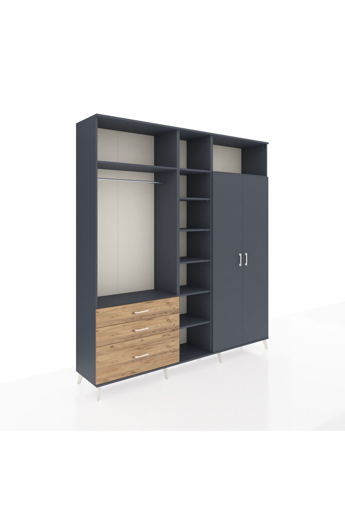 Hyperion Dolap 10 Raflı 3 Çekmeceli 2 Askılı 220x44x243 Antrasit-Antrasit/Çam