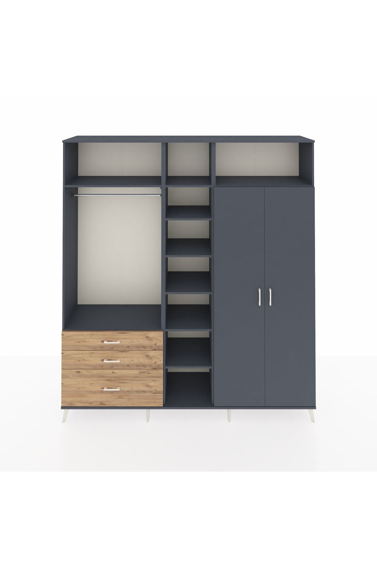 Hyperion Dolap 10 Raflı 3 Çekmeceli 2 Askılı 220x44x243 Antrasit-Antrasit/Çam