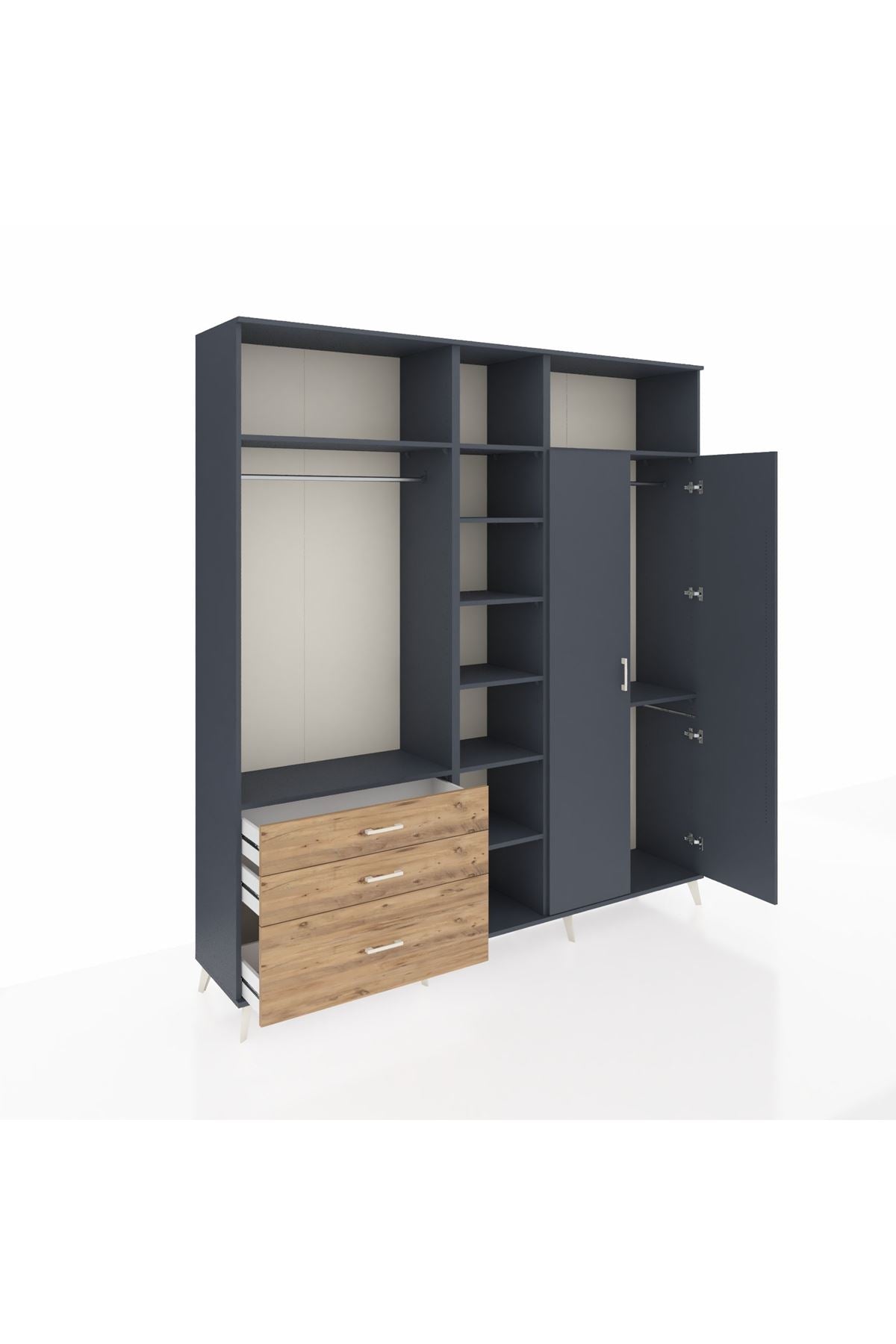 Hyperion Dolap 10 Raflı 3 Çekmeceli 2 Askılı 220x44x243 Antrasit-Antrasit/Çam