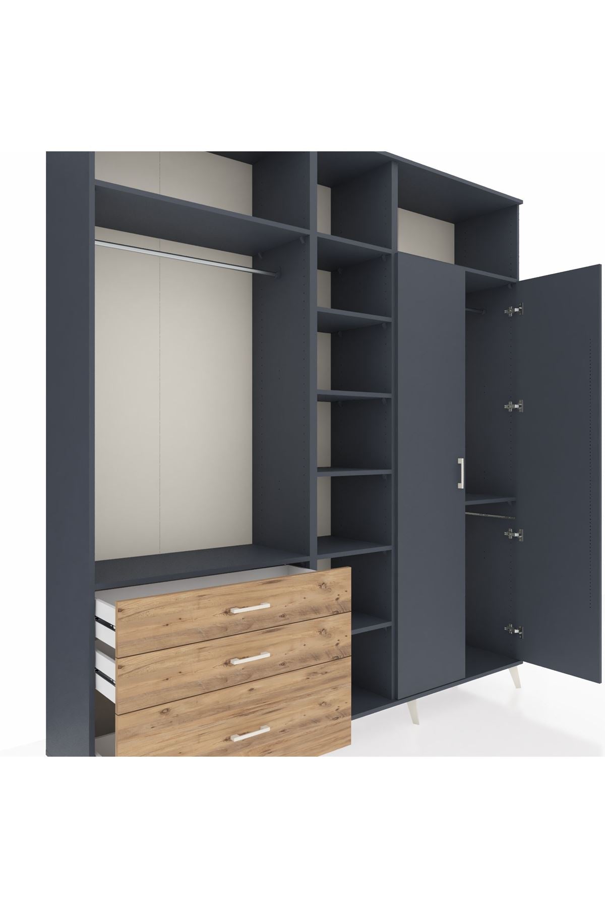 Hyperion Dolap 10 Raflı 3 Çekmeceli 2 Askılı 220x44x243 Antrasit-Antrasit/Çam