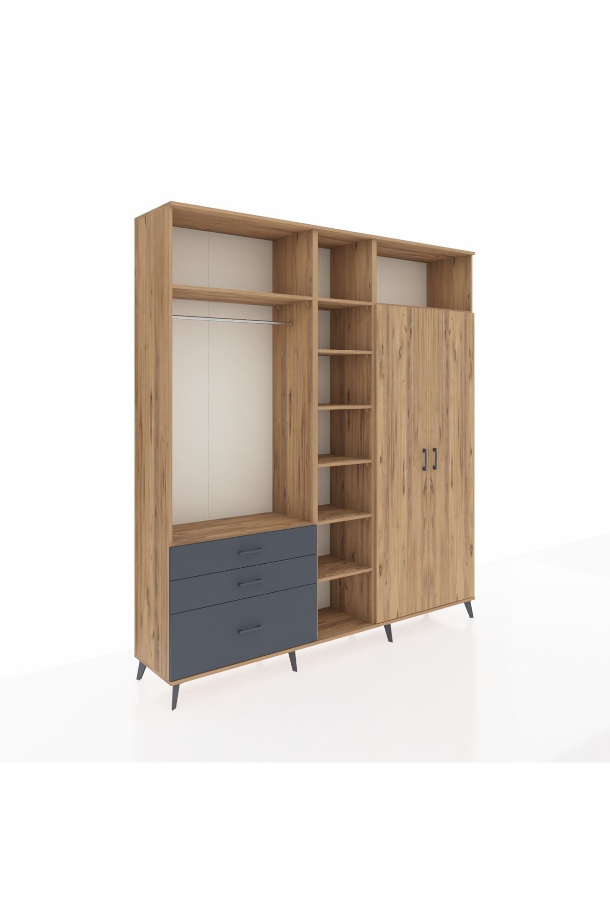 Hyperion Dolap 10 Raflı 3 Çekmeceli 2 Askılı 220x44x243 Çam-Çam/Antrasit