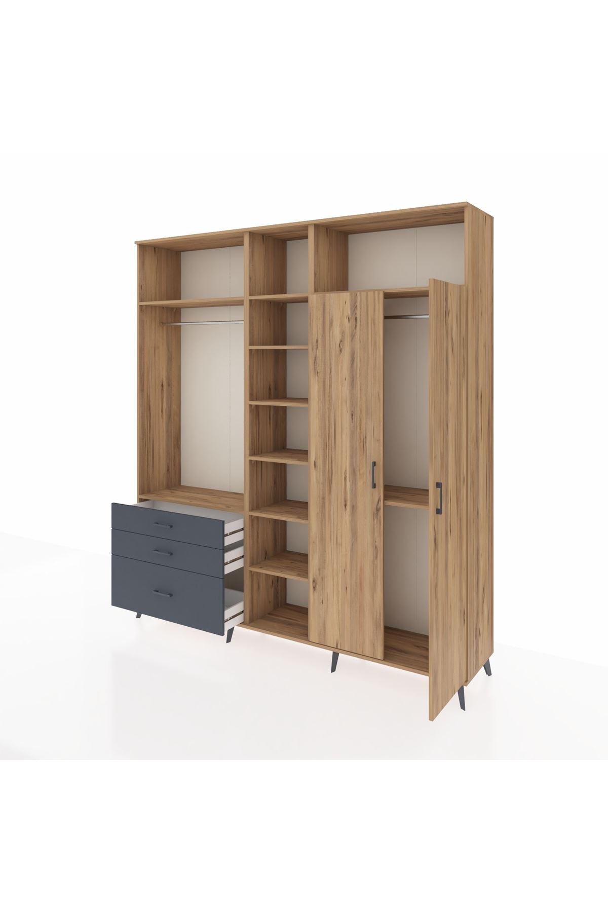 Hyperion Dolap 10 Raflı 3 Çekmeceli 2 Askılı 220x44x243 Çam-Çam/Antrasit