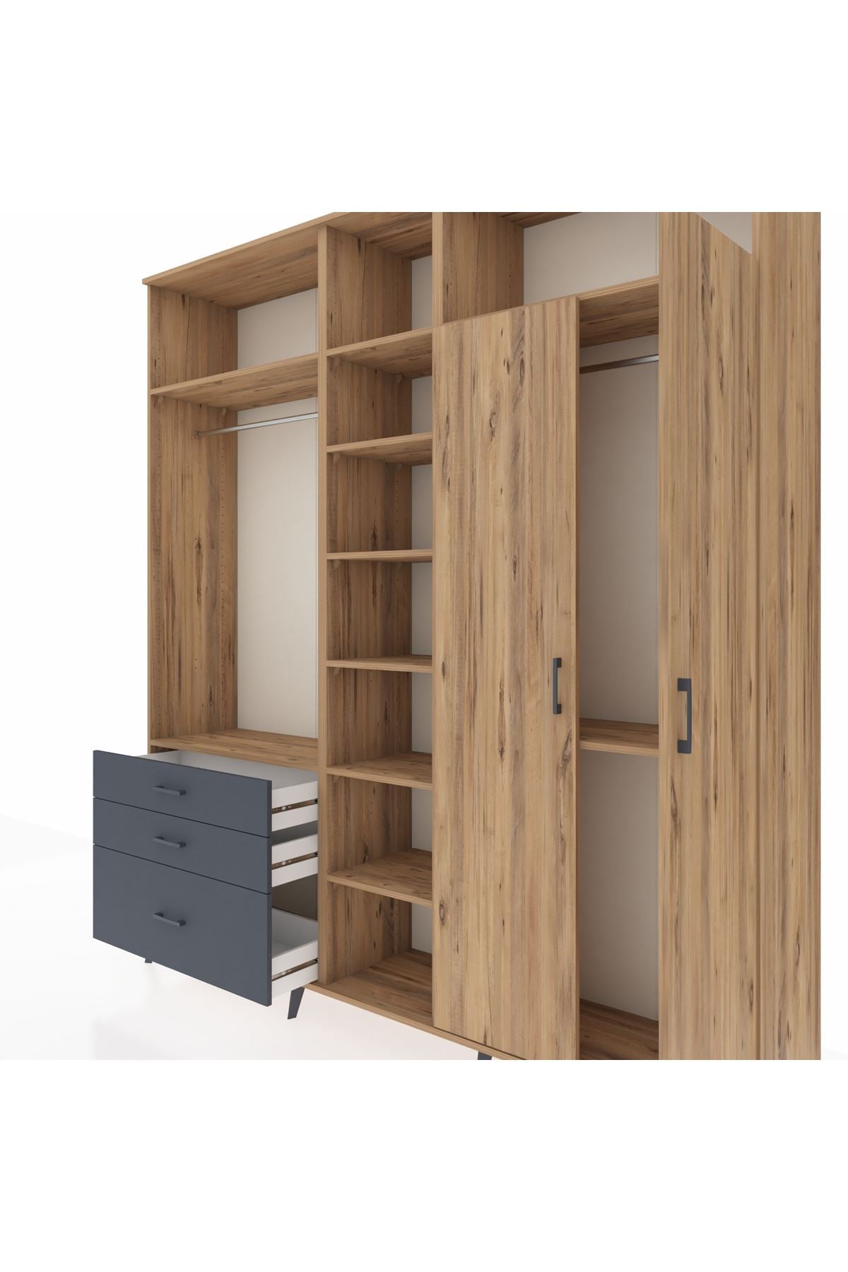 Hyperion Dolap 10 Raflı 3 Çekmeceli 2 Askılı 220x44x243 Çam-Çam/Antrasit